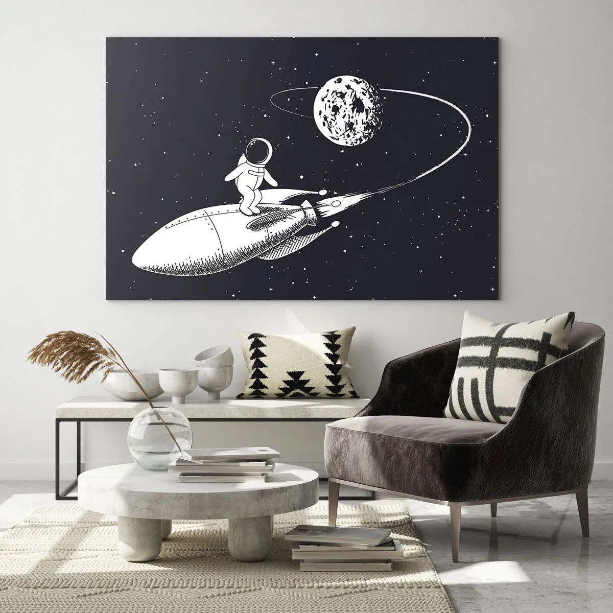 Quadro su vetro - Astronauta dei cartoni animati che fa surf nello spazio su un razzo - 70x50cm - Surfista spaziale - Decorazione murale moderna per soggiorno e camera da letto ARTTOR