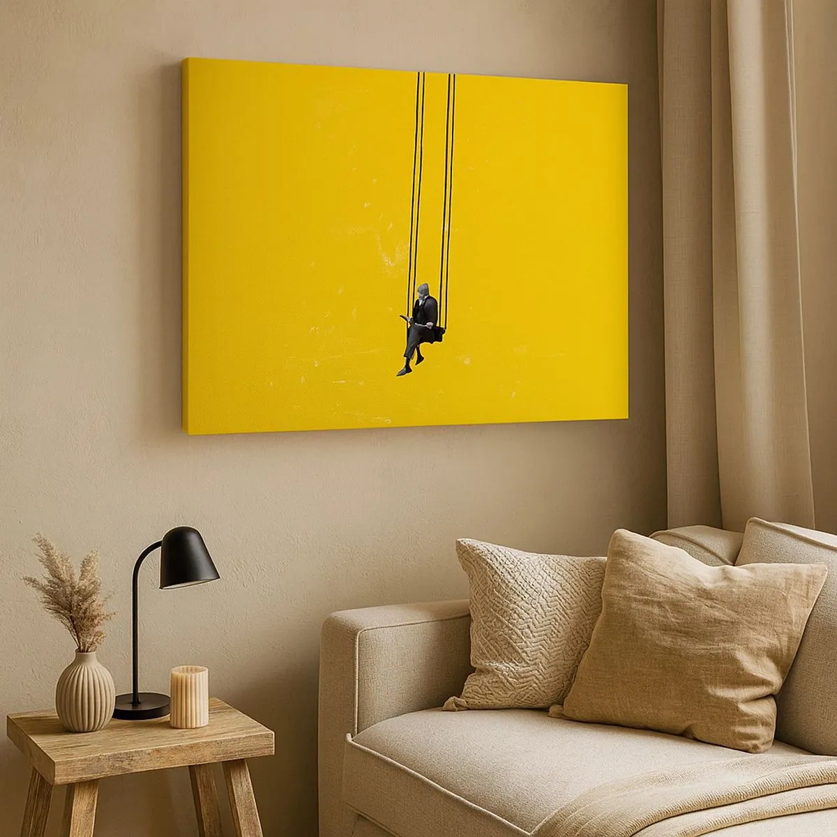 Quadro su tela - Stampe su Tela - Una persona su un'altalena su uno sfondo di un giallo intenso - 70x50cm - Un giorno come tanti - Decorazione murale moderna per soggiorno e camera da letto ARTTOR