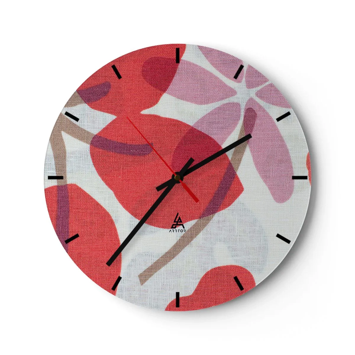 Orologio da parete - Orologio in Vetro - Foglie rosa e rosse su sfondo bianco con texture di lino - 30x30cm - Composizione di fiori in rosa - Decorazione murale moderna per soggiorno, cucina e camera da letto ARTTOR