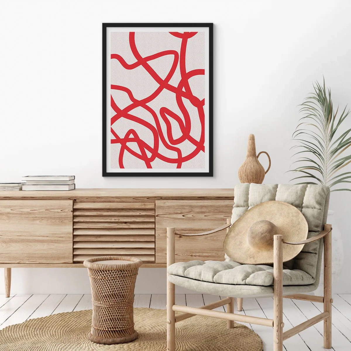 Poster in cornice nera - Composizione astratta di linee rosse dinamiche su uno sfondo chiaro. - 50x70cm - Rosso su bianco - Decorazione murale moderna per soggiorno e camera da letto ARTTOR