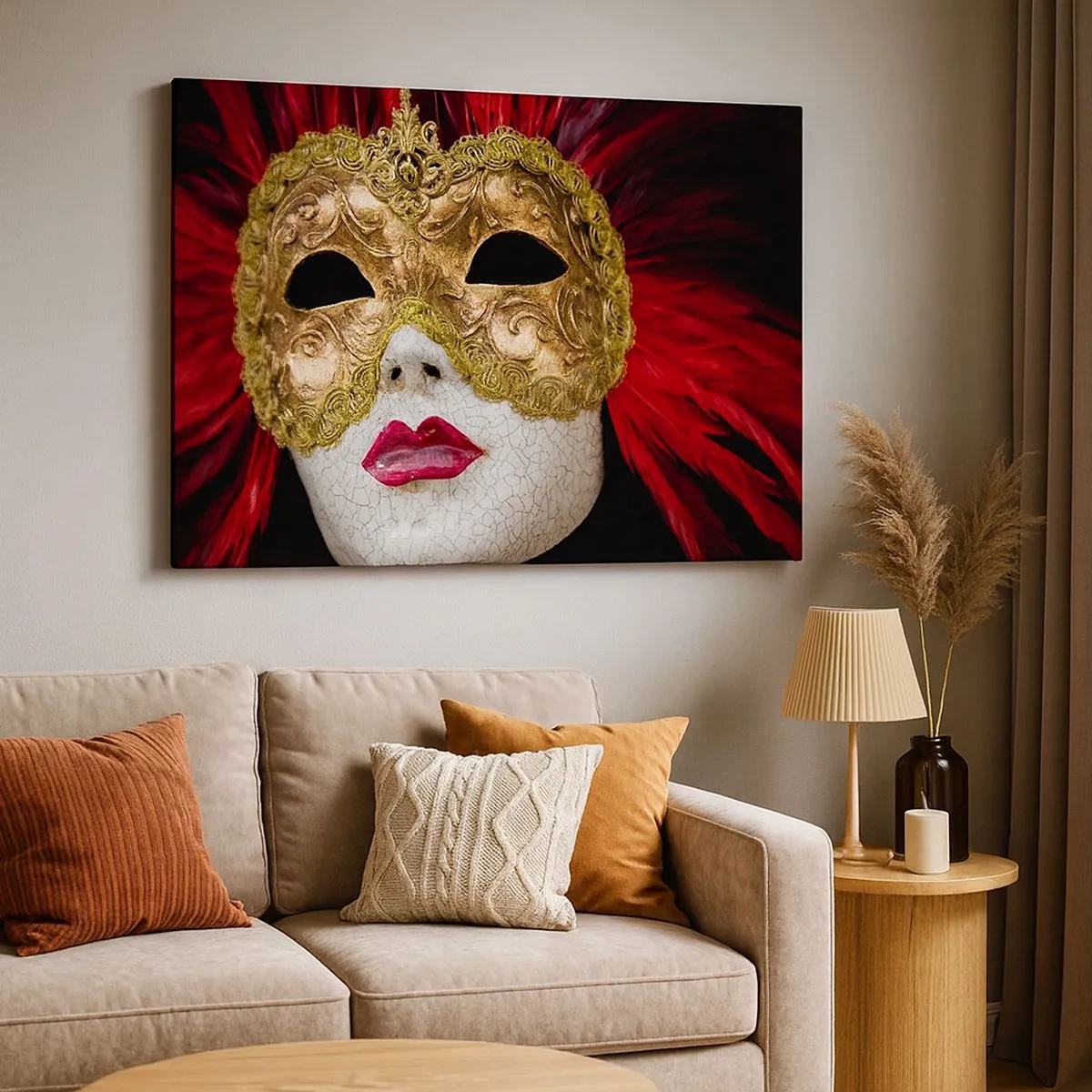 Quadro su tela - Stampe su Tela - Maschera veneziana dorata con piume rosse - 70x50cm - La promessa di un'avventura di carnevale - Decorazione murale moderna per soggiorno e camera da letto ARTTOR