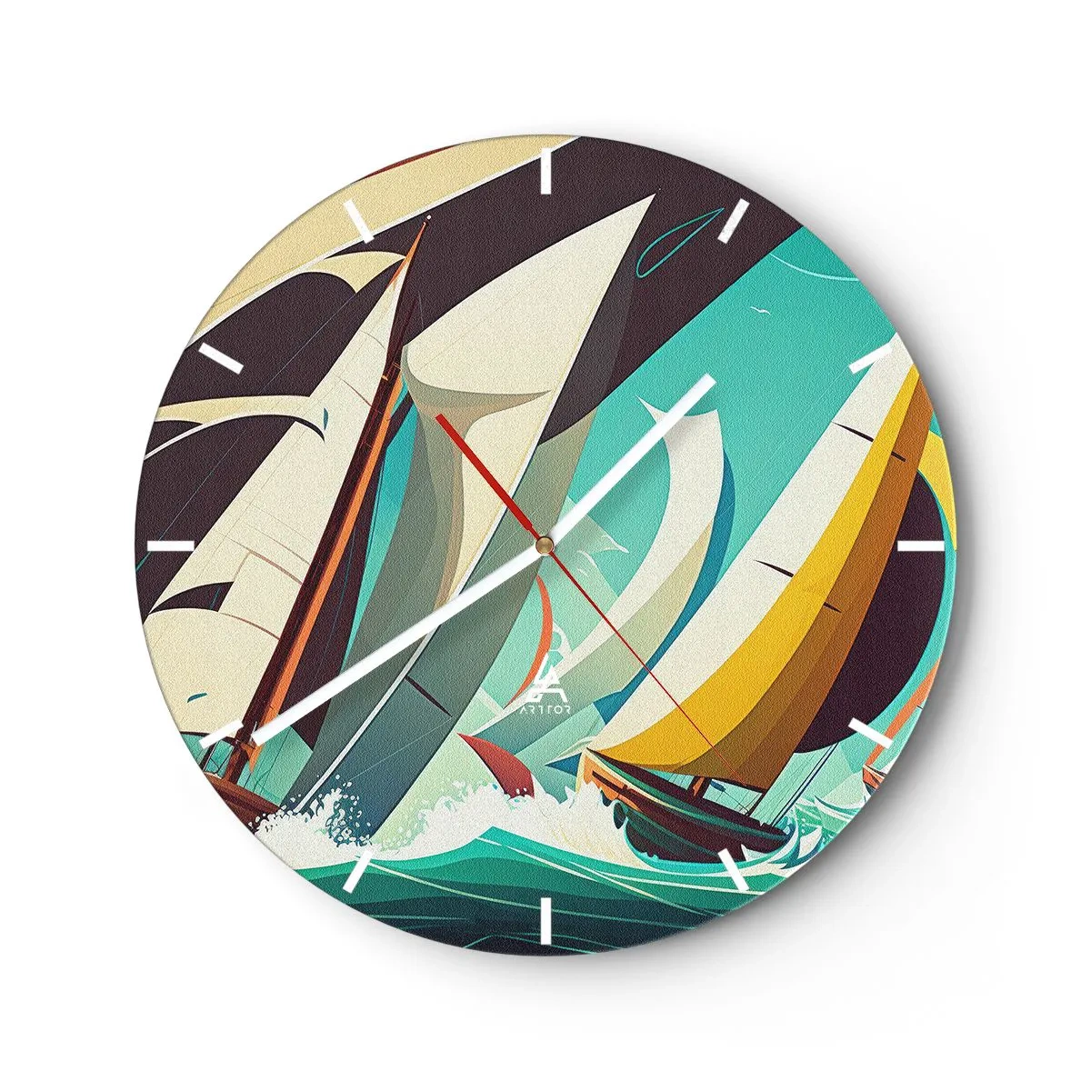 Orologio da parete - Orologio in Vetro - Barche a vela in stile grafico su un mare turchese in tempesta - 30x30cm - Compagne degli elementi - Decorazione murale moderna per soggiorno, cucina e camera da letto ARTTOR