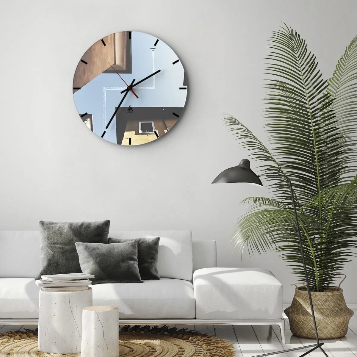 Orologio da parete - Orologio in Vetro - Vista dal cortile di un cielo azzurro con un aeroplano - 30x30cm - Sopra il labirinto urbano - Decorazione murale moderna per soggiorno, cucina e camera da letto ARTTOR