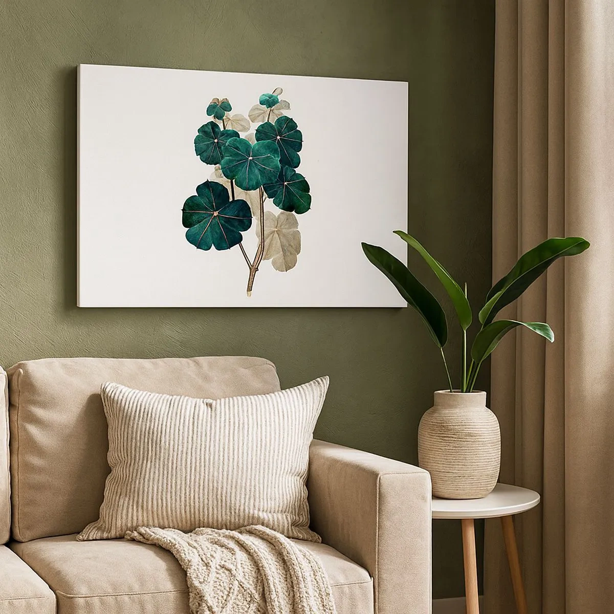 Quadro su tela - Stampe su Tela - Illustrazione botanica con foglie nei toni del verde e del beige - 70x50cm - Dal vecchio erbario - Decorazione murale moderna per soggiorno e camera da letto ARTTOR