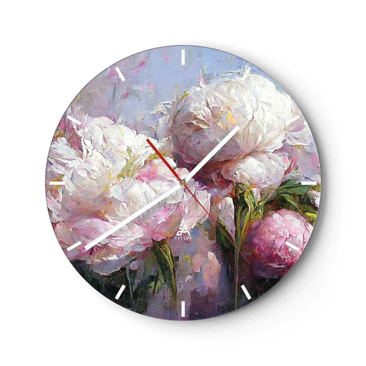Orologio da parete - Orologio in Vetro - Un bouquet di fiori bianchi e rosa su sfondo blu - 30x30cm - Un bouquet pieno di vita - Decorazione murale moderna per soggiorno, cucina e camera da letto ARTTOR