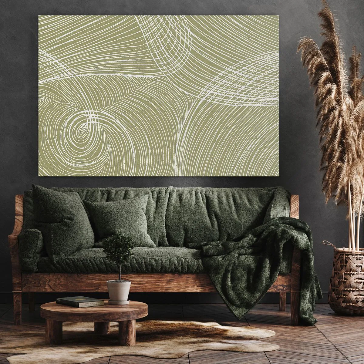 Quadro su tela - Stampe su Tela - Linee verdi e bianche in una composizione astratta - 70x50cm - Astrazione intricata in bianco - Decorazione murale moderna per soggiorno e camera da letto ARTTOR