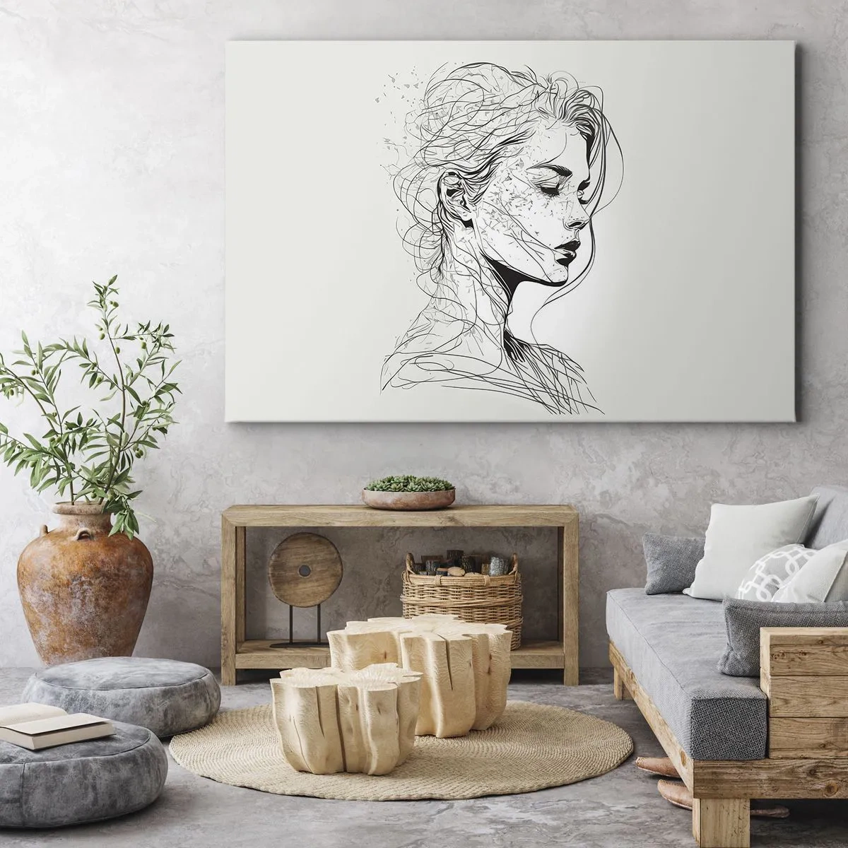 Quadro su tela - Stampe su Tela - Un delicato ritratto di donna in stile grafico minimalista. - 70x50cm - Ritratto pensieroso - Decorazione murale moderna per soggiorno e camera da letto ARTTOR