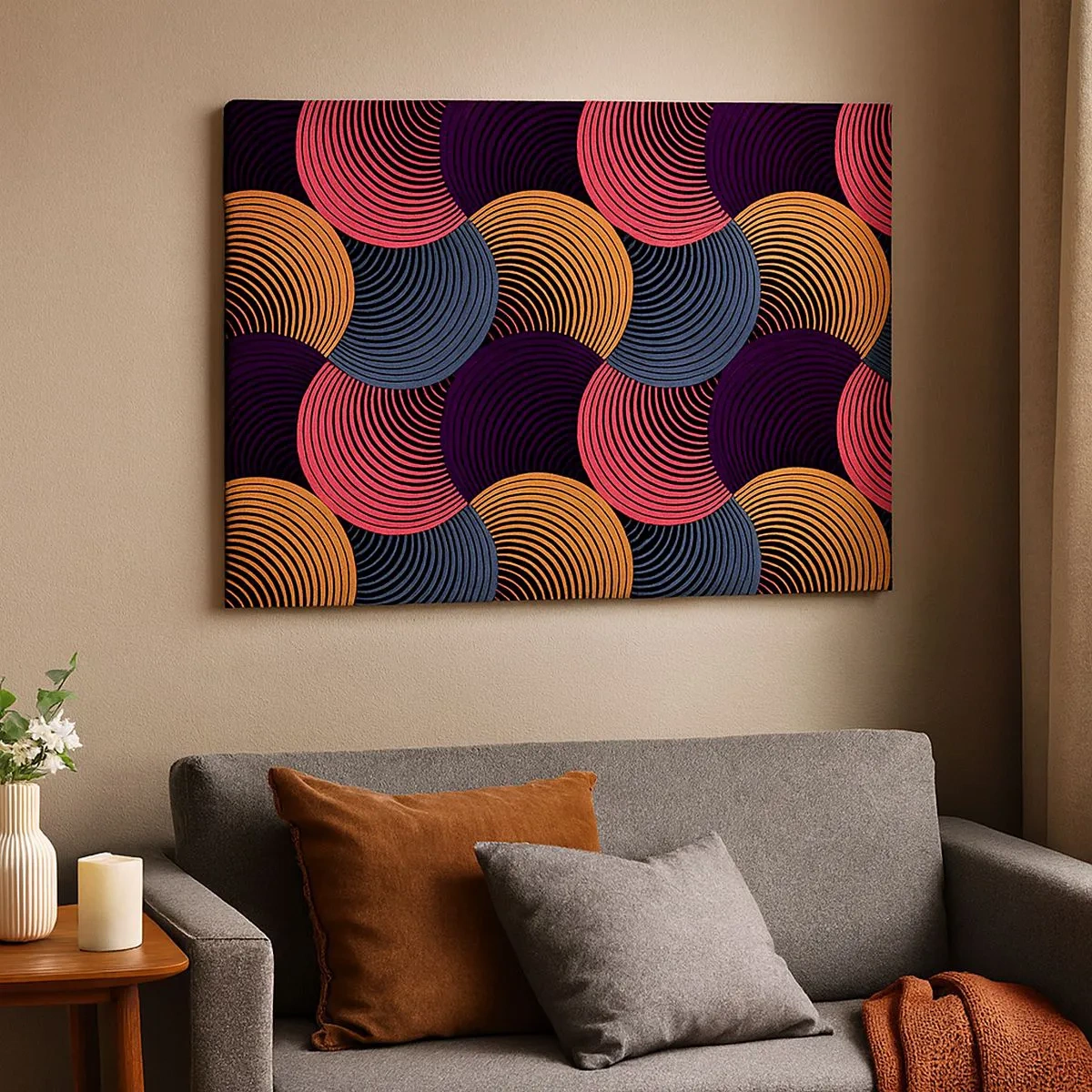 Quadro su tela - Stampe su Tela - Cerchi geometrici nelle tonalità del rosa, viola e oro - 70x50cm - Al ritmo delle sfere - Decorazione murale moderna per soggiorno e camera da letto ARTTOR