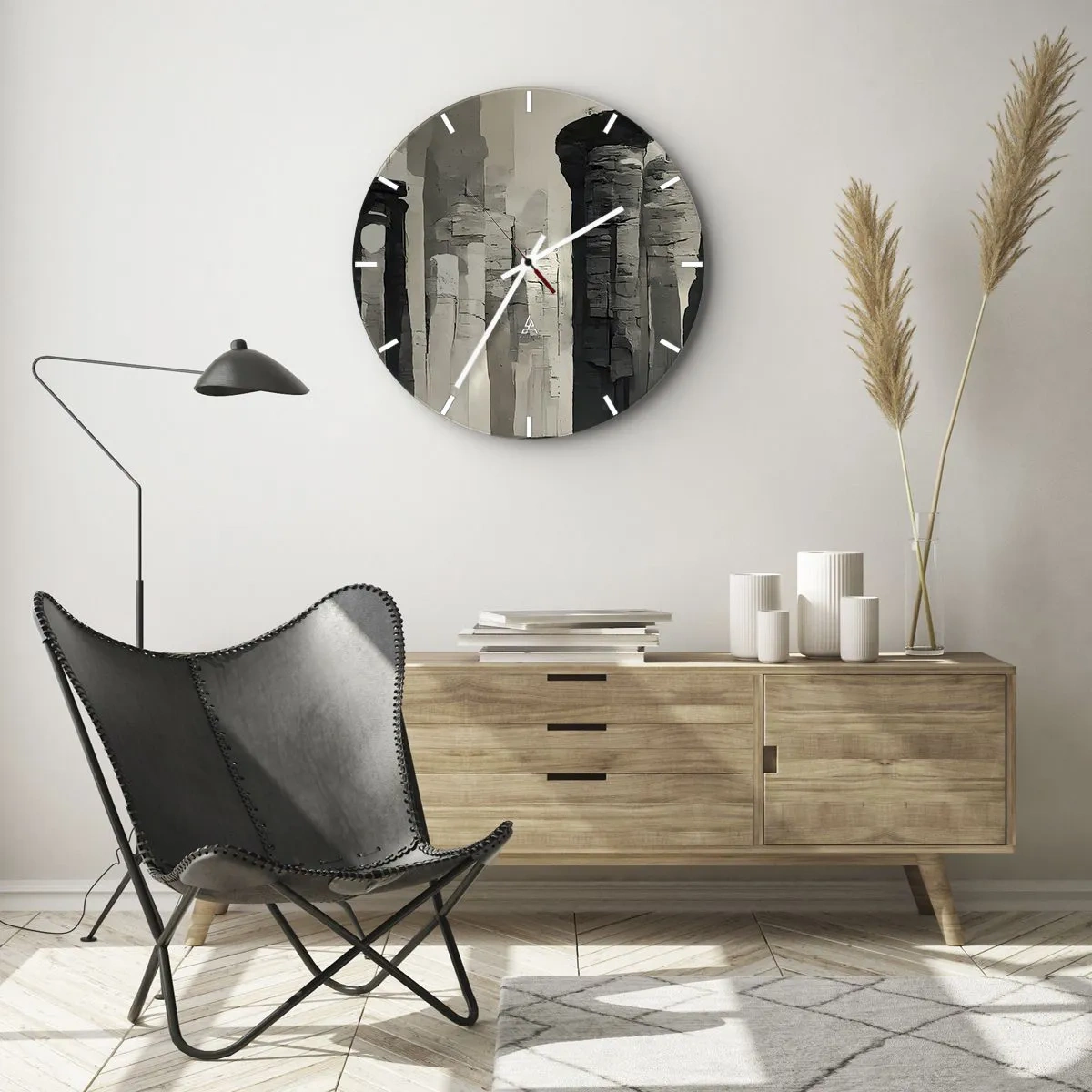 Orologio da parete - Orologio in Vetro - Colonne monumentali nei toni pittorici del beige e del grigio - 30x30cm - La maestà dell'antichità - Decorazione murale moderna per soggiorno, cucina e camera da letto ARTTOR