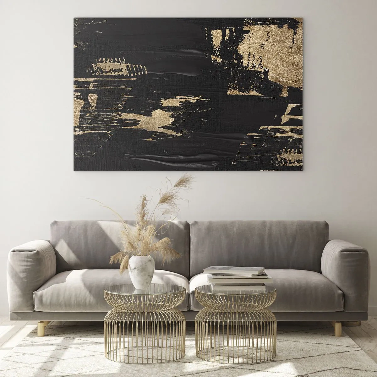Quadro su vetro - Astrazione nera e oro con una texture simile a una pennellata - 70x50cm - Tracce del contatto - Decorazione murale moderna per soggiorno e camera da letto ARTTOR