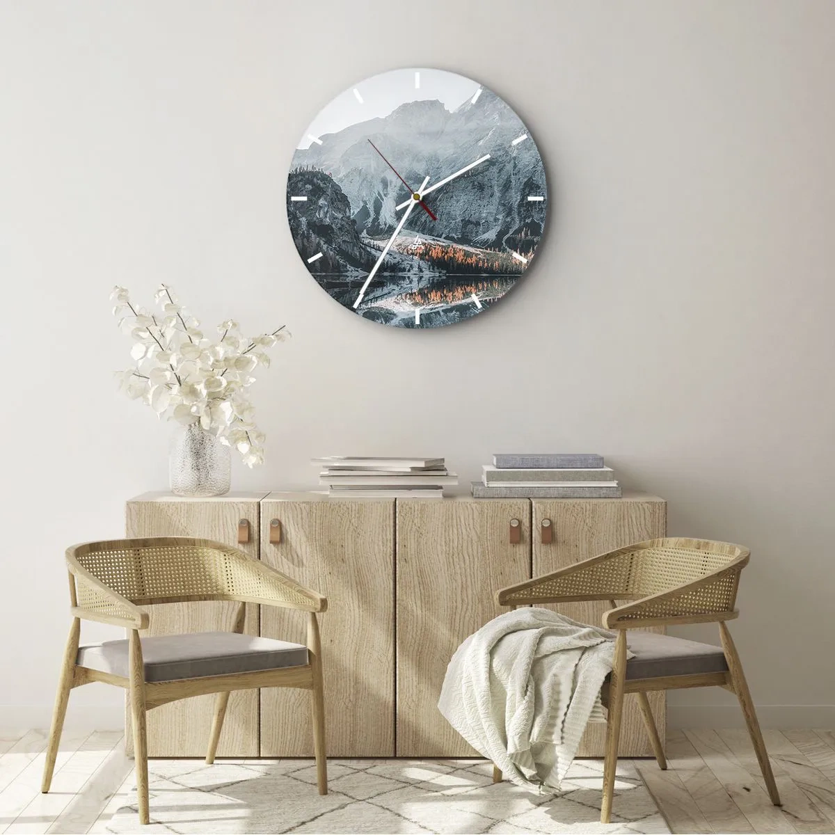 Orologio da parete - Orologio in Vetro - Un paesaggio montano riflesso sulla superficie di un lago calmo - 30x30cm - Paesaggio allo specchio - Decorazione murale moderna per soggiorno, cucina e camera da letto ARTTOR