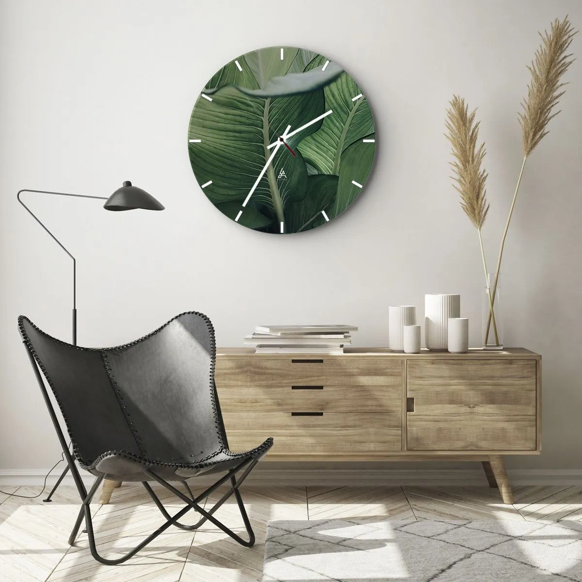 Orologio da parete - Orologio in Vetro - Primo piano di foglie tropicali di un verde intenso - 30x30cm - Una vita intensamente verde - Decorazione murale moderna per soggiorno, cucina e camera da letto ARTTOR