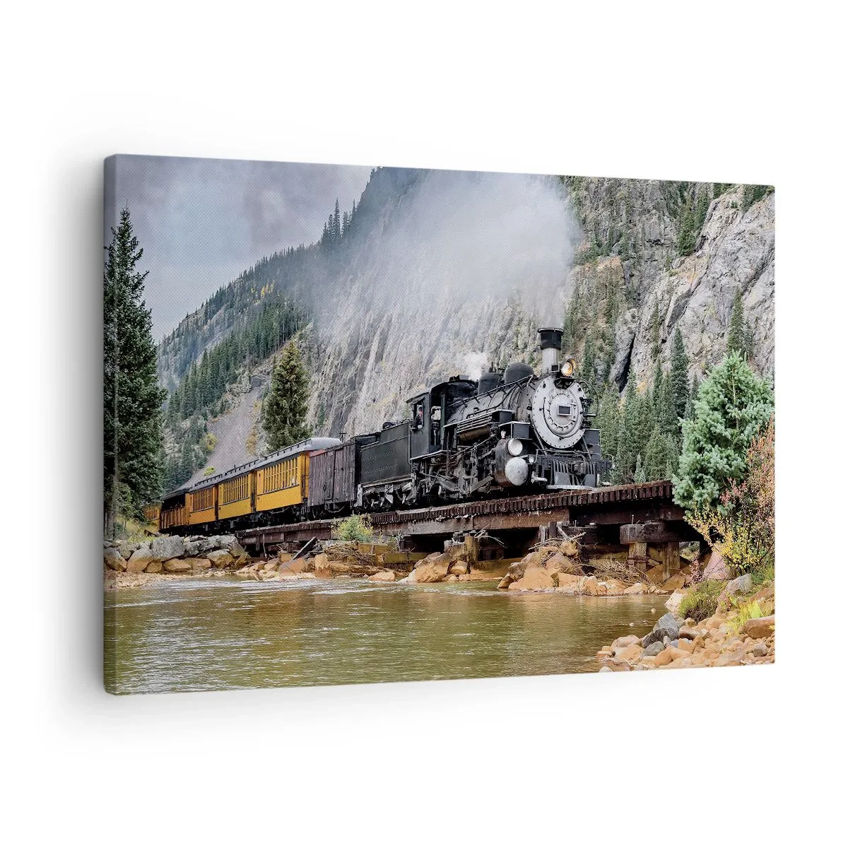 Quadro su tela - Stampe su Tela - Una locomotiva a vapore su un ponte in un pittoresco paesaggio montano - 70x50cm - Dove andiamo? - Decorazione murale moderna per soggiorno e camera da letto ARTTOR