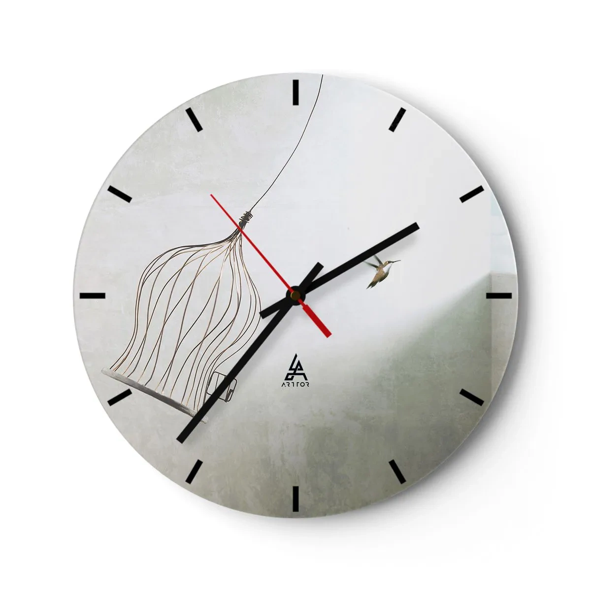 Orologio da parete - Orologio in Vetro - Un uccello che esce dalla sua gabbia su uno sfondo chiaro - 30x30cm - Nel proprio elemento - Decorazione murale moderna per soggiorno, cucina e camera da letto ARTTOR