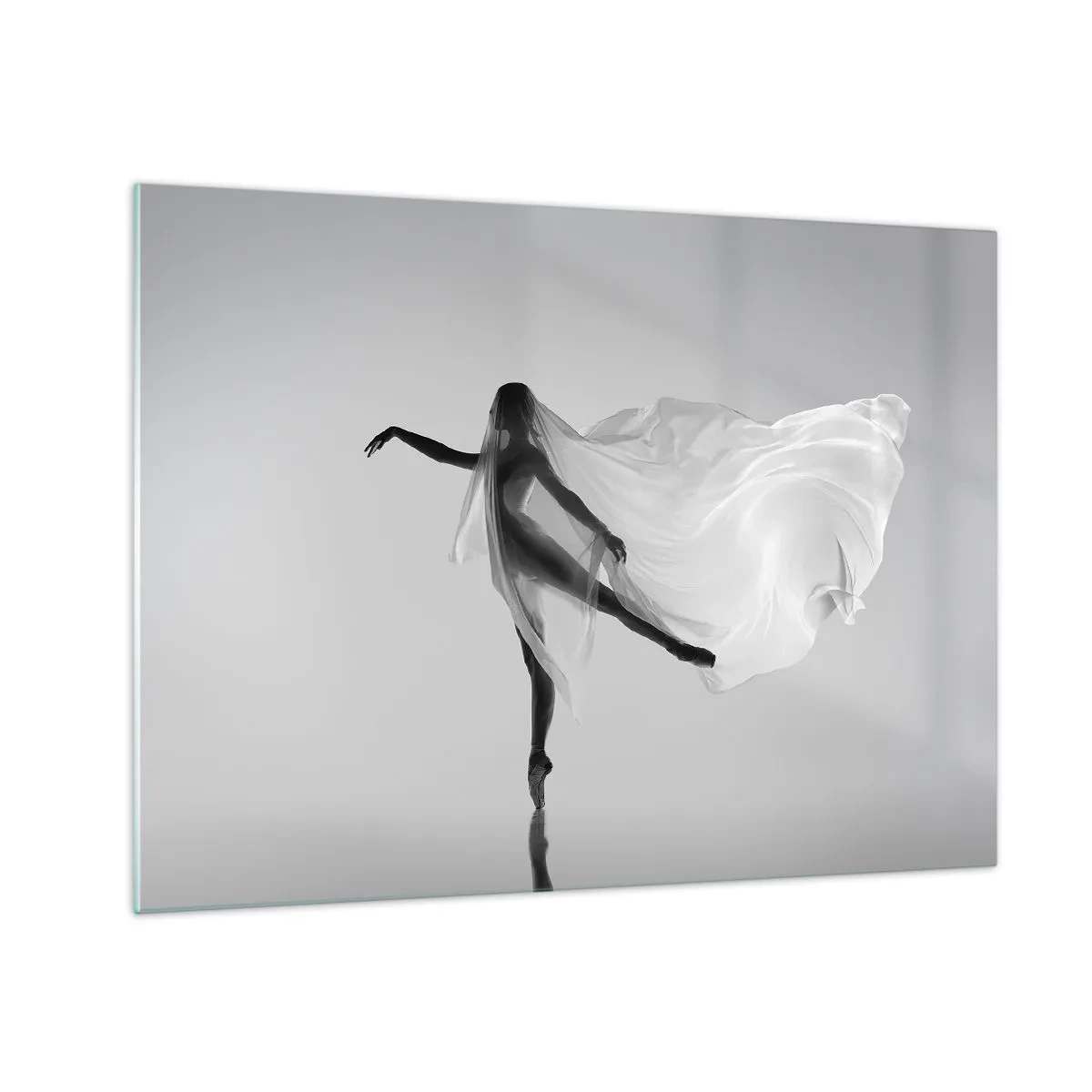 Quadro su vetro - Silhouette di una ballerina con un velo fluttuante in movimento - 70x50cm - Leggerezza ed eleganza - Decorazione murale moderna per soggiorno e camera da letto ARTTOR