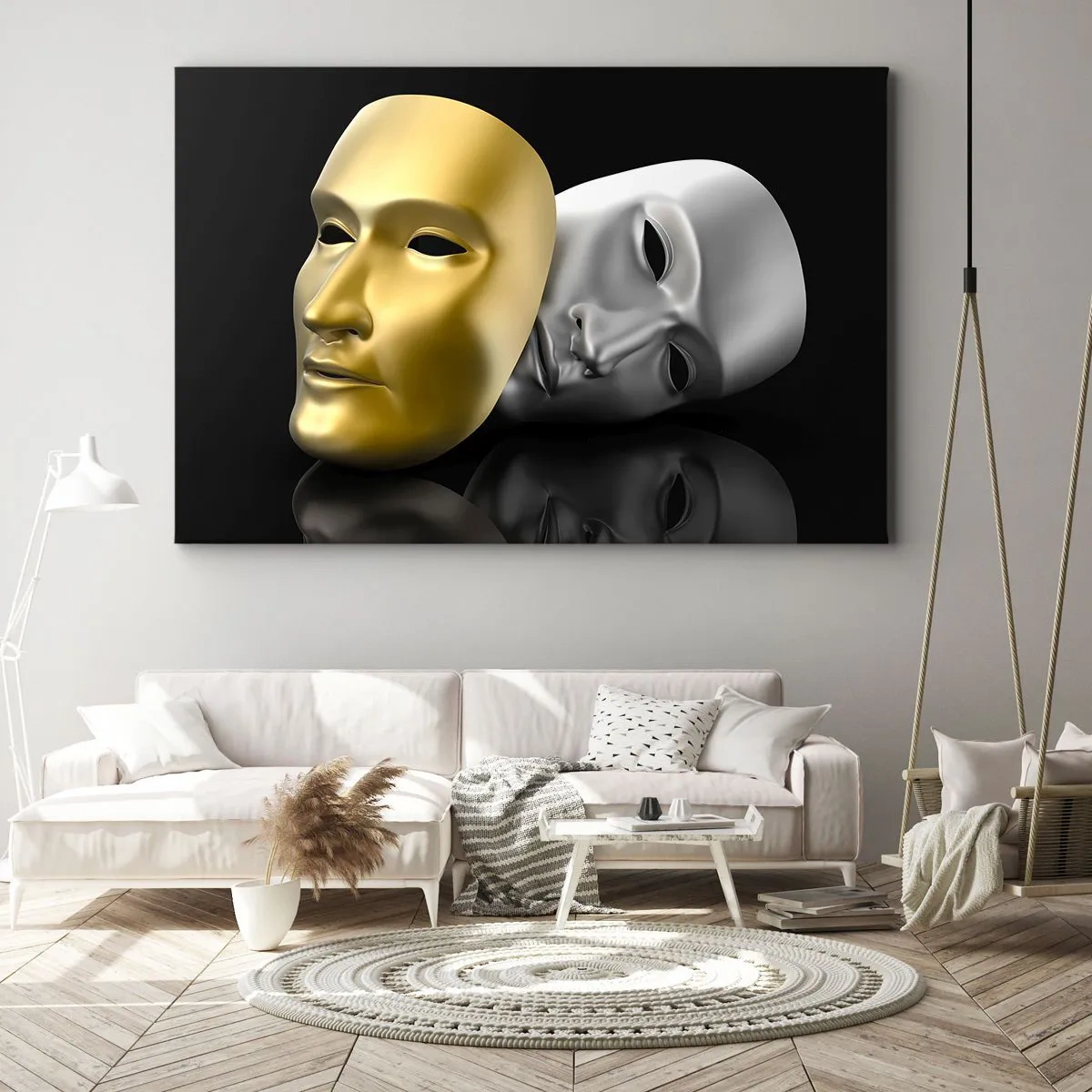 Quadro su tela - Stampe su Tela - Maschera in oro e argento su sfondo nero - 70x50cm - La vita è teatro - Decorazione murale moderna per soggiorno e camera da letto ARTTOR