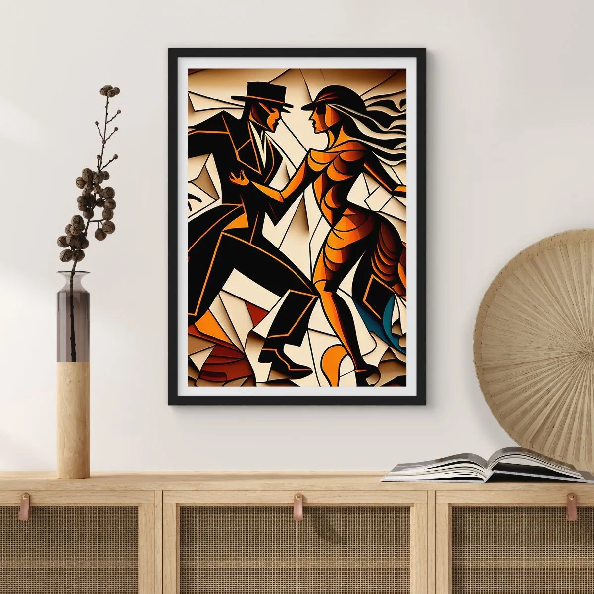 Poster in cornice nera - Una coppia dinamica che balla il tango in stile cubista. - 50x70cm - La danza della passione - Decorazione murale moderna per soggiorno e camera da letto ARTTOR