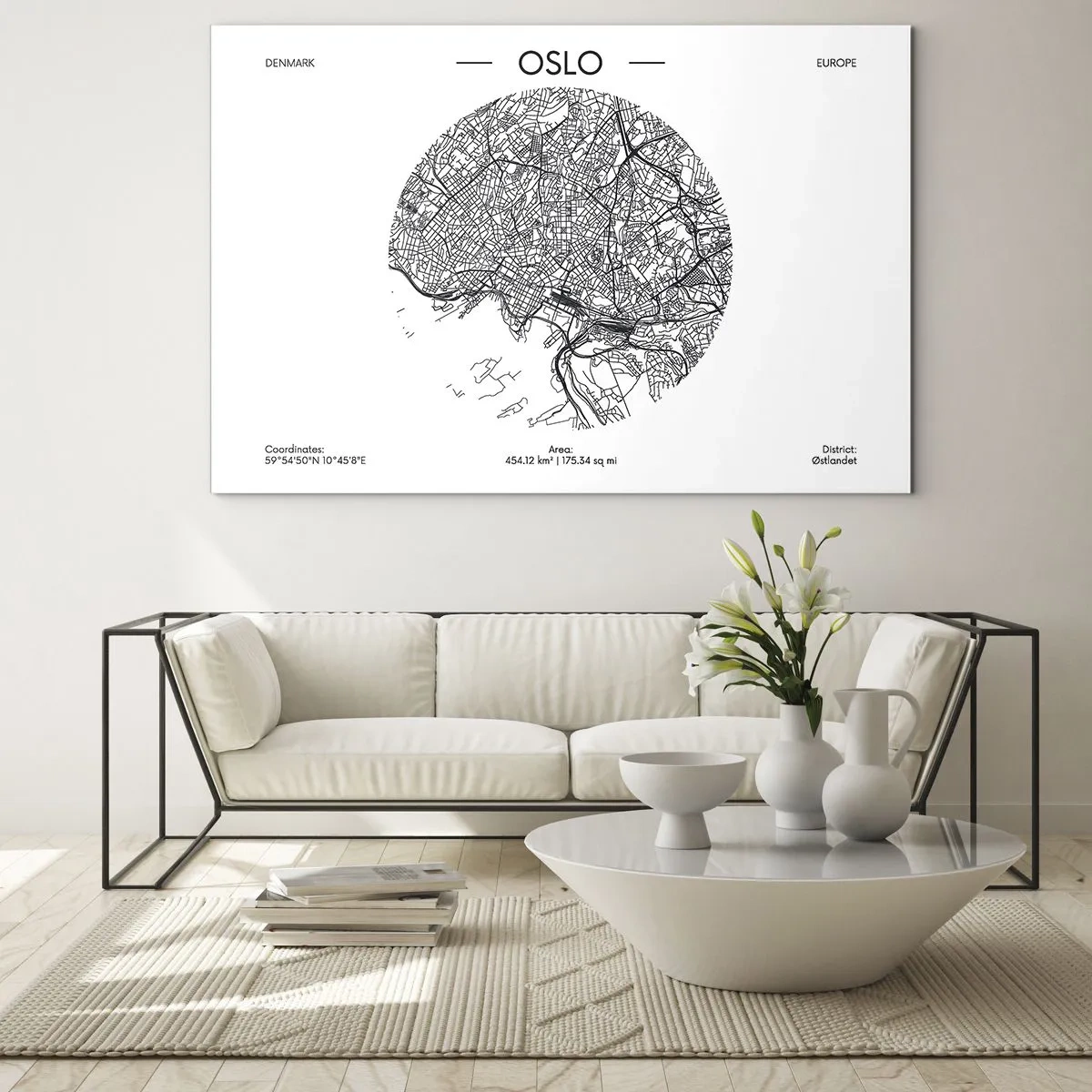 Quadro su vetro - Mappa della città di Oslo in stile grafico in bianco e nero - 70x50cm - Anatomia di Oslo - Decorazione murale moderna per soggiorno e camera da letto ARTTOR