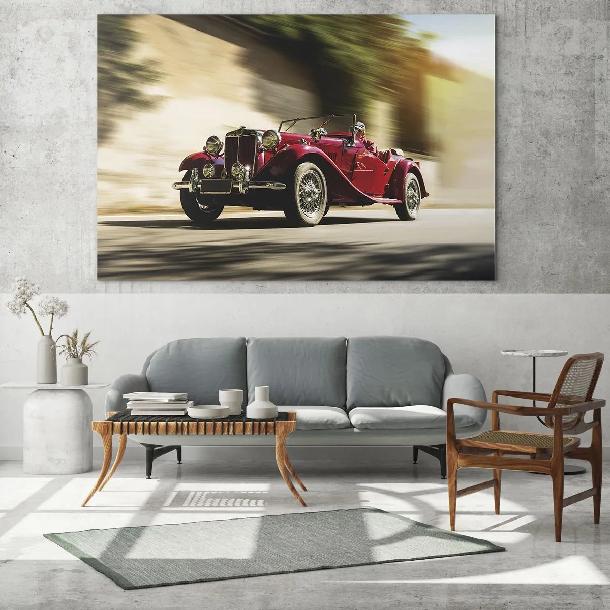 Quadro su vetro - Classica decappottabile rossa in movimento sullo sfondo della strada e del paesaggio sfocato - 70x50cm - Più bella della Nike di Samotracia - Decorazione murale moderna per soggiorno e camera da letto ARTTOR