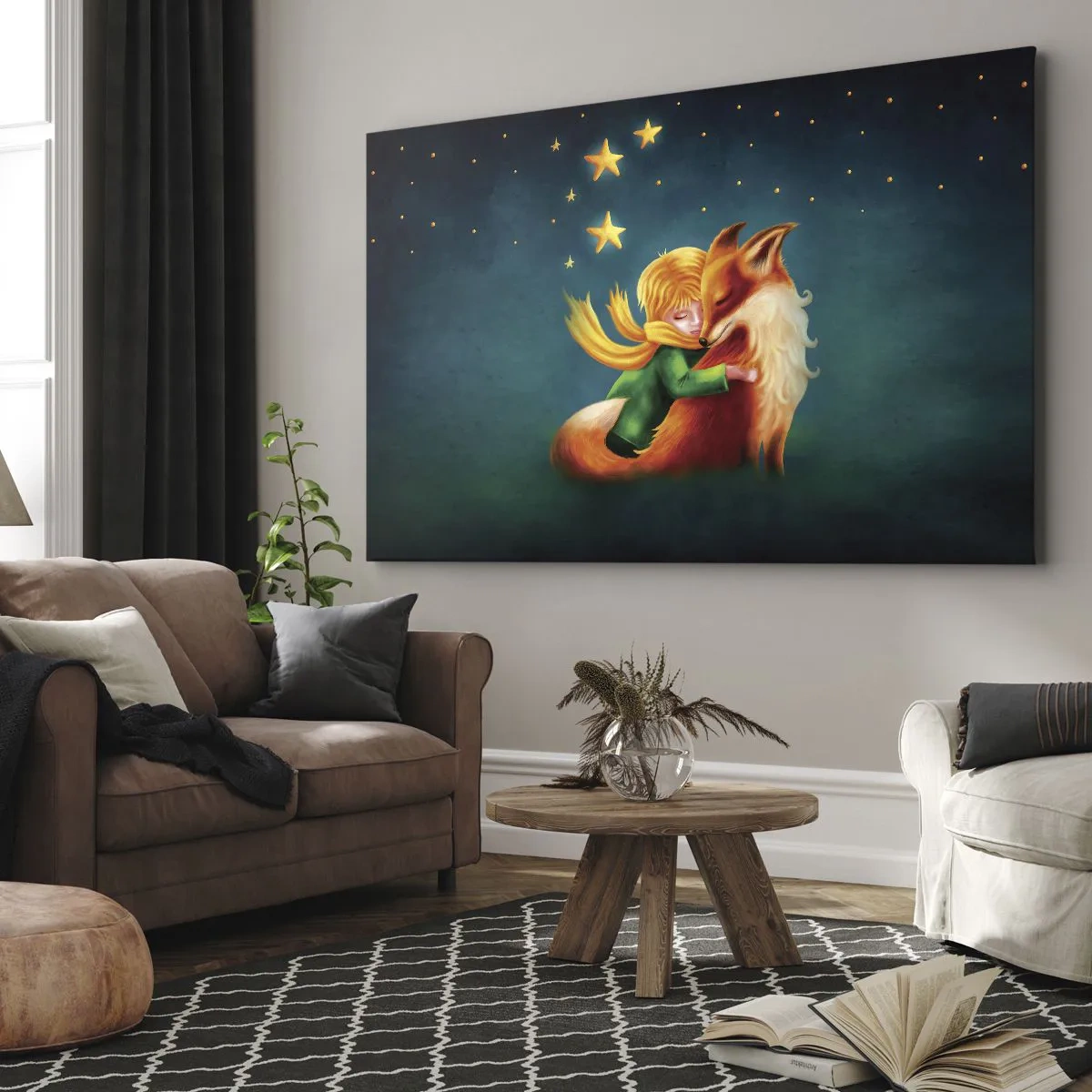Quadro su tela - Stampe su Tela - Un ragazzo con una volpe in un ambiente magico con le stelle - 70x50cm - Il piccolo principe - Decorazione murale moderna per soggiorno e camera da letto ARTTOR