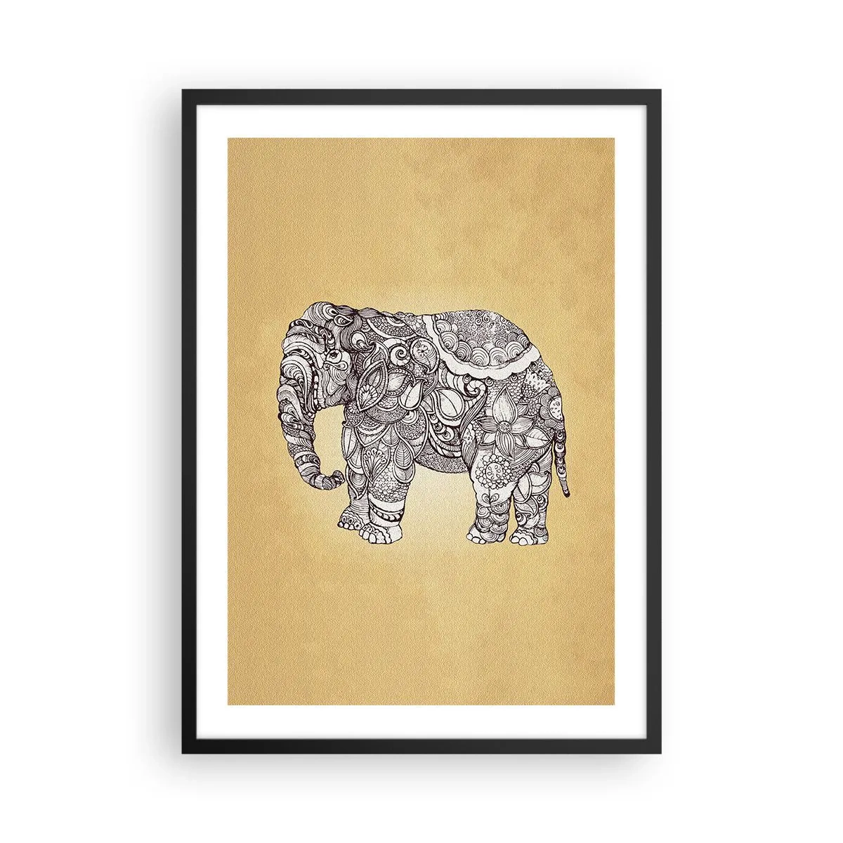 Poster in cornice nera - Illustrazione decorativa di un elefante con intricati ornamenti su sfondo dorato - 50x70cm - L'elefante nascosto - Decorazione murale moderna per soggiorno e camera da letto ARTTOR