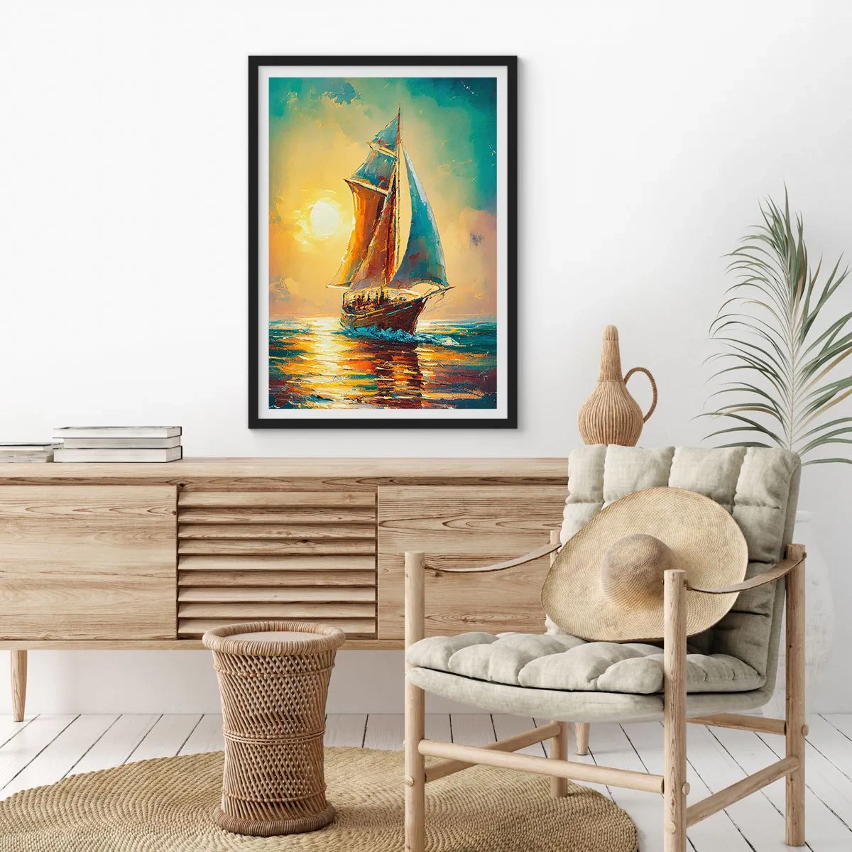 Poster in cornice nera - Una nave a vela sullo sfondo di un tramonto dorato - 50x70cm - A gonfie vele - Decorazione murale moderna per soggiorno e camera da letto ARTTOR
