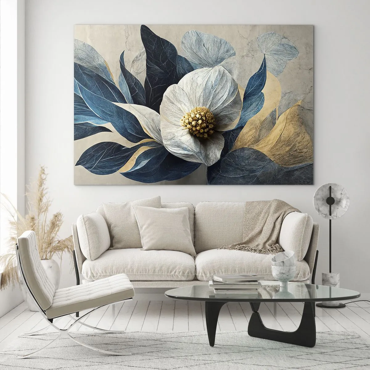 Quadro su vetro - Una composizione floreale bianca con foglie blu navy e un centro dorato - 70x50cm - Ha un cuore d'oro - Decorazione murale moderna per soggiorno e camera da letto ARTTOR