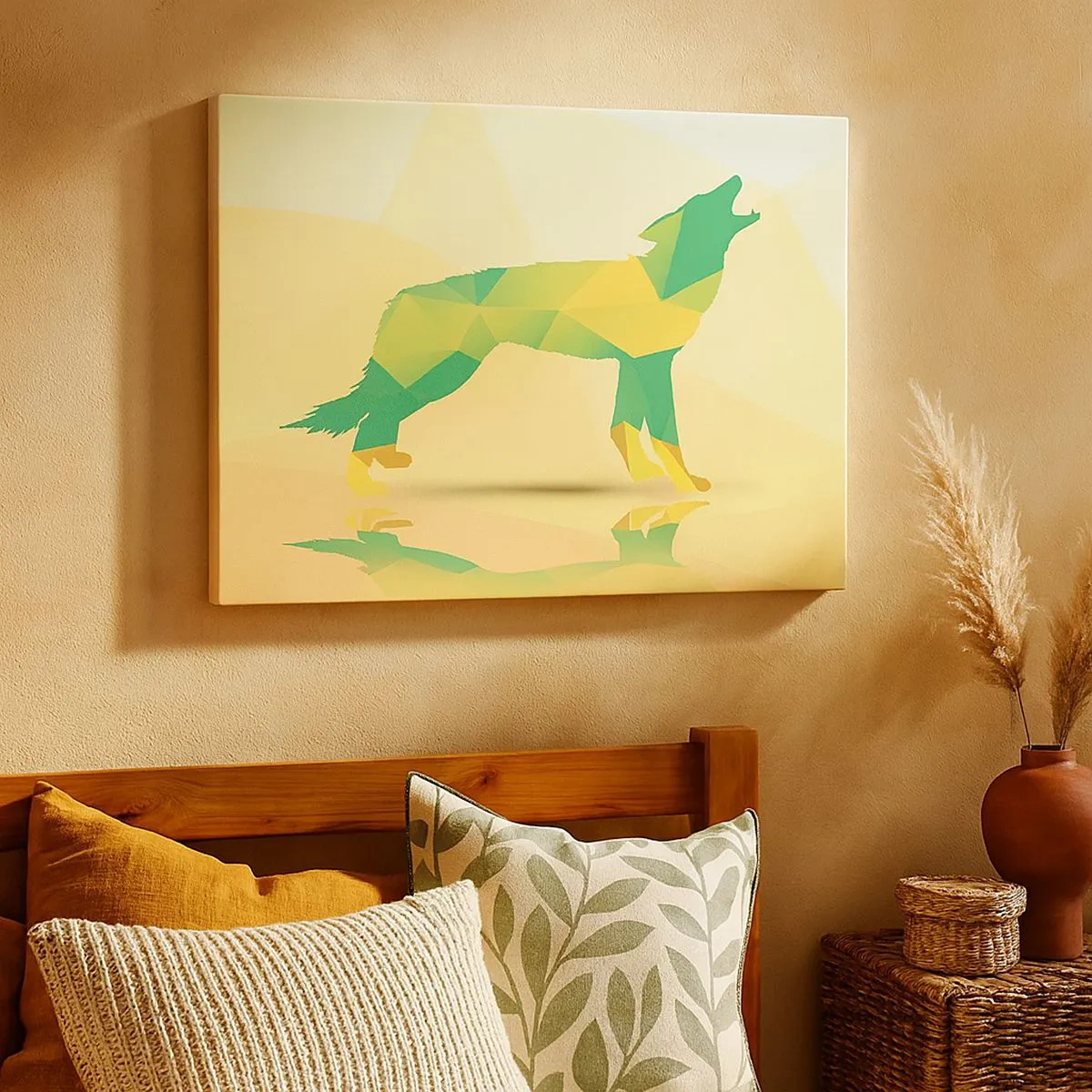 Quadro su tela - Stampe su Tela - Silhouette geometrica di lupo in tonalità verde e giallo - 70x50cm - Il lupo solitario - Decorazione murale moderna per soggiorno e camera da letto ARTTOR
