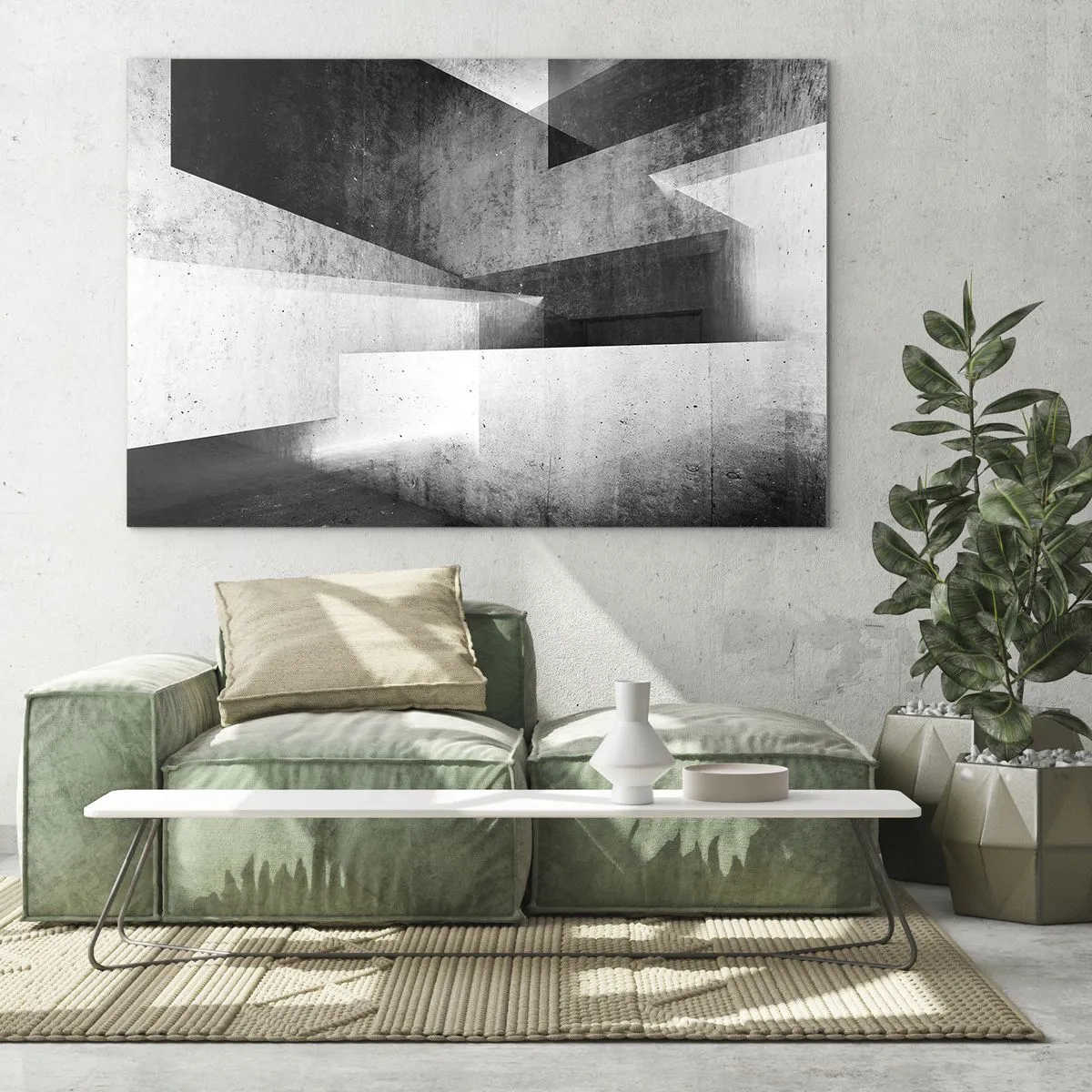Quadro su vetro - Forme geometriche in cemento nei toni del bianco e del nero - 70x50cm - La struttura dello spazio - Decorazione murale moderna per soggiorno e camera da letto ARTTOR