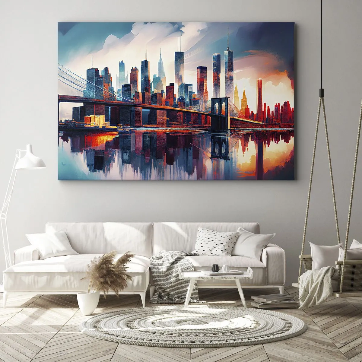 Quadro su tela - Stampe su Tela - Panorama di New York City con ponte e riflesso nell'acqua - 70x50cm - Una New York spettacolare - Decorazione murale moderna per soggiorno e camera da letto ARTTOR