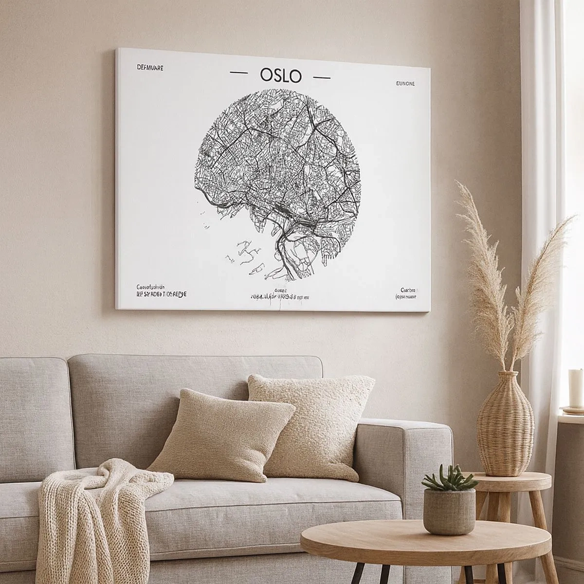 Quadro su tela - Stampe su Tela - Una mappa di Oslo in stile minimalista in bianco e nero. - 70x50cm - Anatomia di Oslo - Decorazione murale moderna per soggiorno e camera da letto ARTTOR