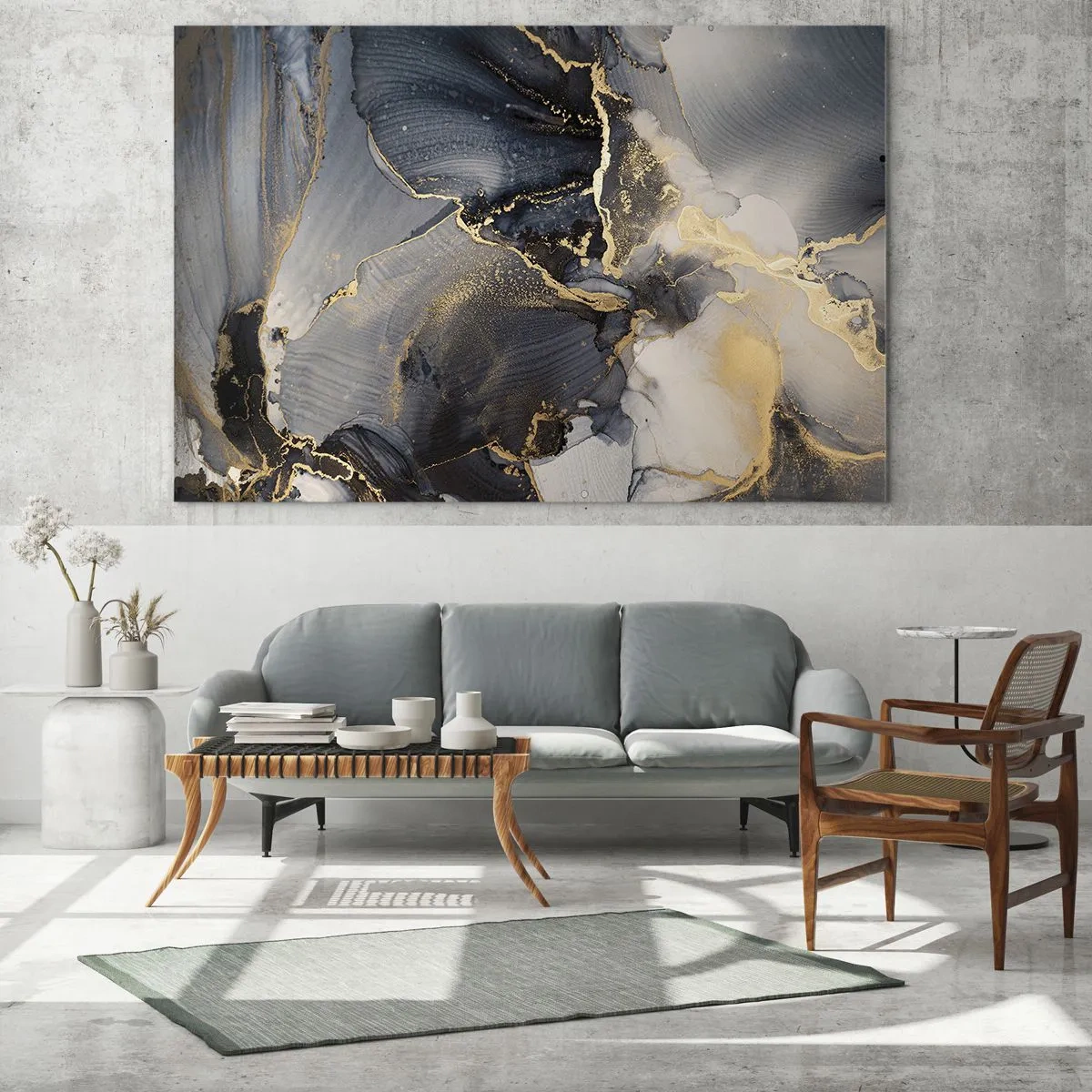 Quadro su vetro - Astrazione scura con effetto marmo e venature dorate - 70x50cm - Vita di pietra - Decorazione murale moderna per soggiorno e camera da letto ARTTOR