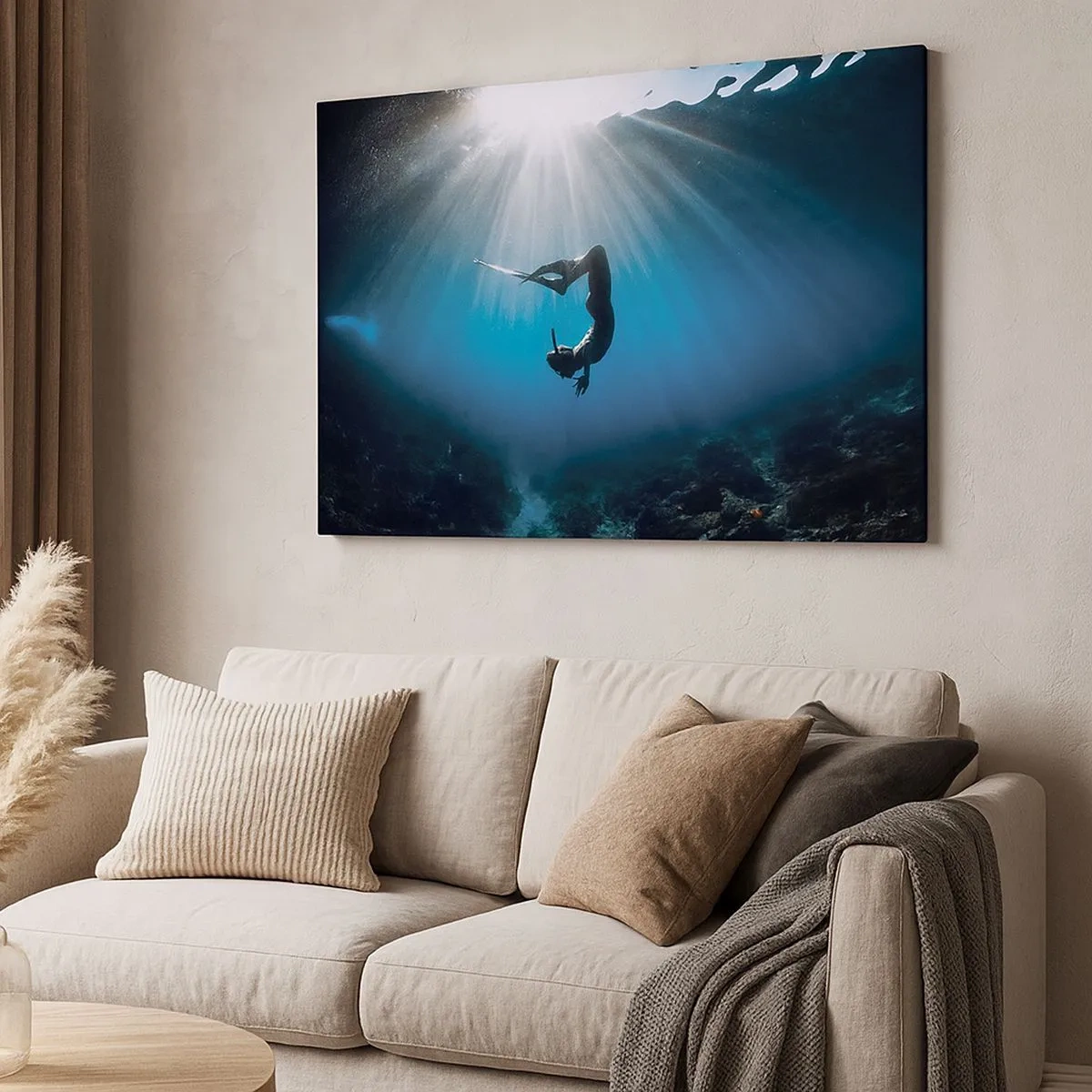 Quadro su tela - Stampe su Tela - Un subacqueo che galleggia in un raggio di luce sott'acqua - 70x50cm - Danza subacquea - Decorazione murale moderna per soggiorno e camera da letto ARTTOR