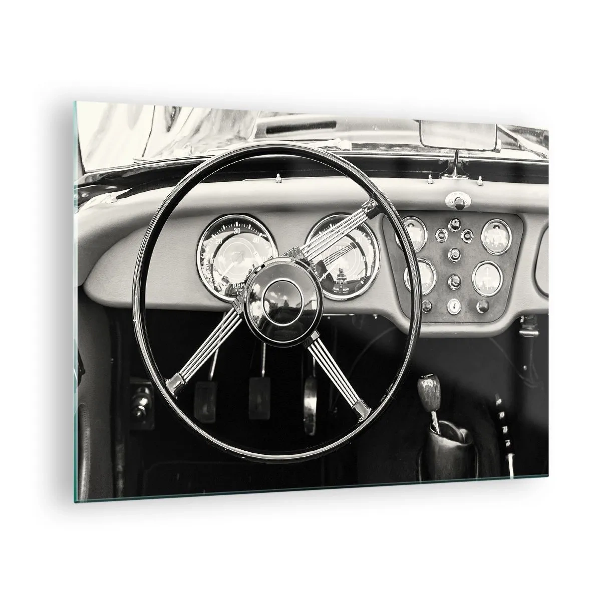 Quadro su vetro - Il volante e gli orologi di un'auto d'epoca in seppia - 70x50cm - Il sogno del collezionista - Decorazione murale moderna per soggiorno e camera da letto ARTTOR