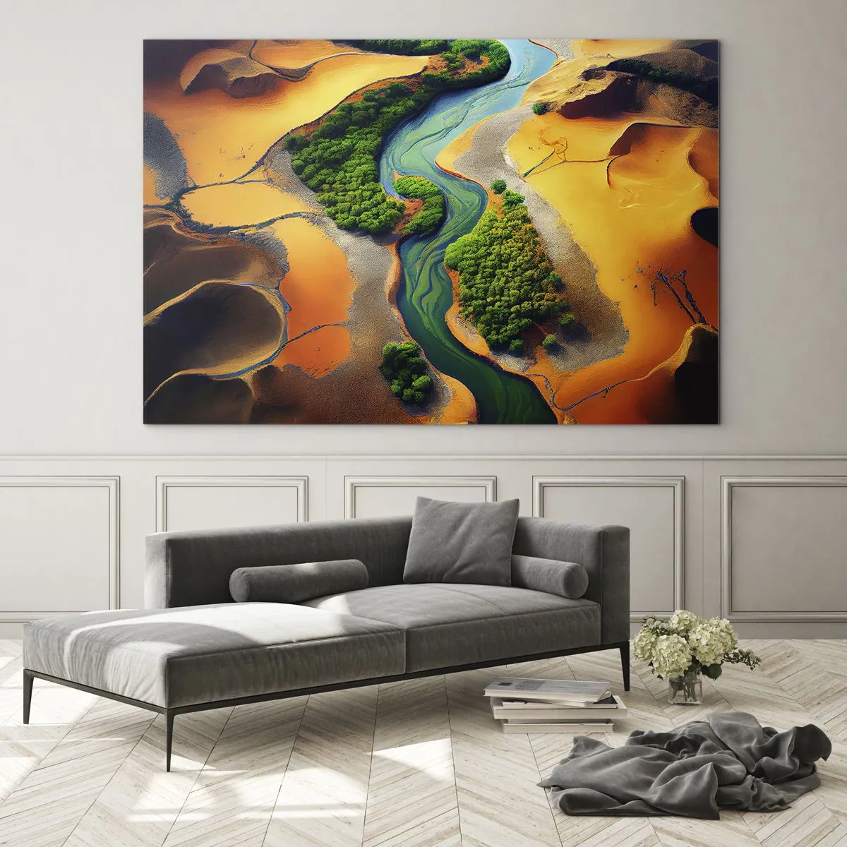 Quadro su vetro - Oasi verdi e un fiume tra dune arancioni - 70x50cm - Il fiume della vita - Decorazione murale moderna per soggiorno e camera da letto ARTTOR