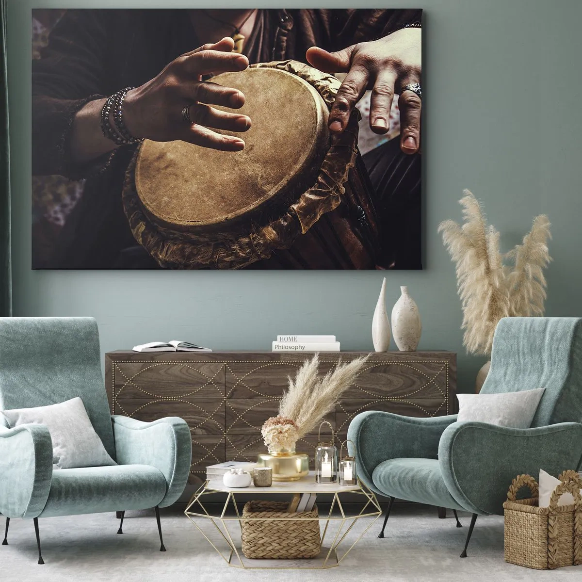 Quadro su tela - Stampe su Tela - Mani che suonano un tamburo djembe tradizionale - 70x50cm - Al ritmo del cuore - Decorazione murale moderna per soggiorno e camera da letto ARTTOR