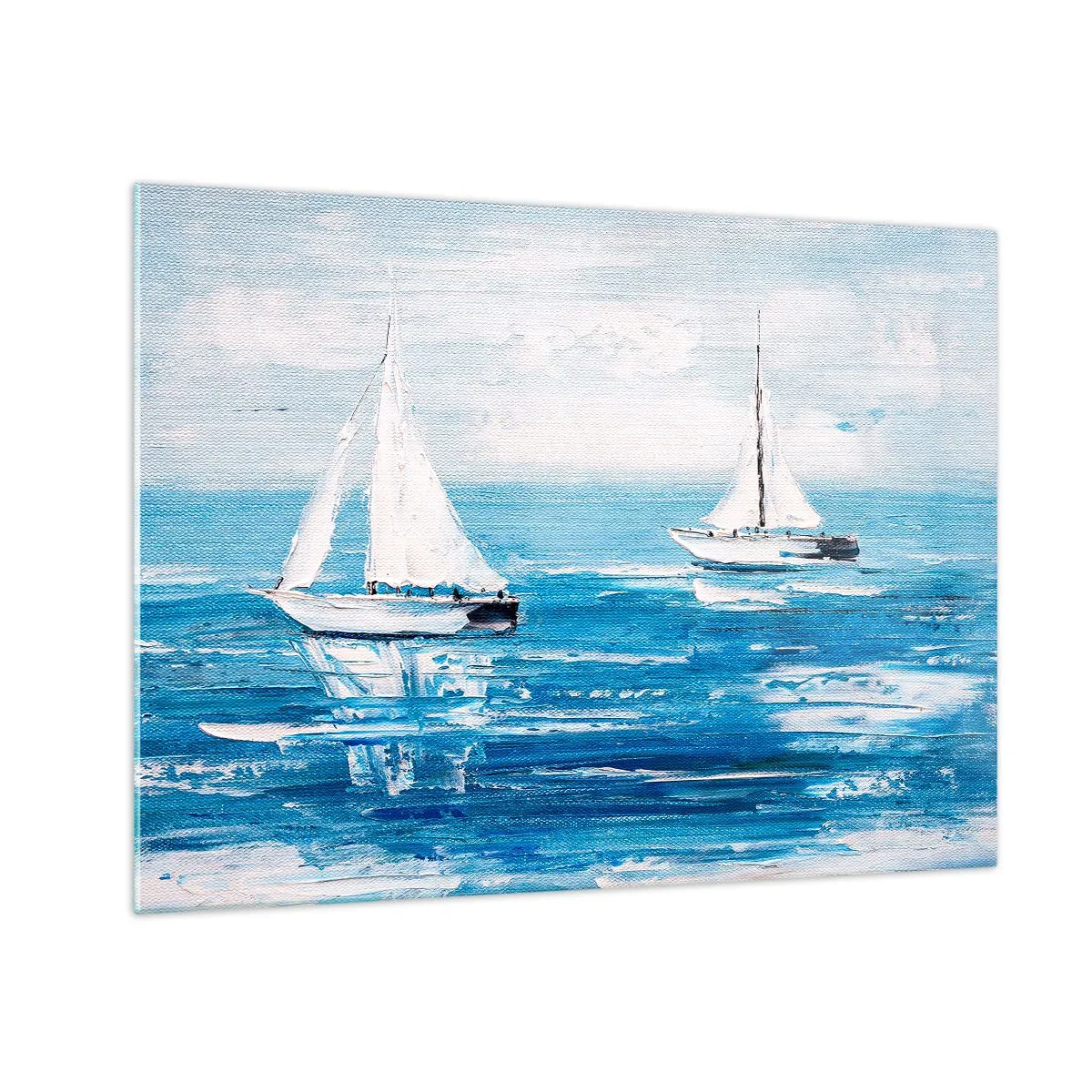 Quadro su vetro - Due barche a vela bianche su un mare blu calmo - 70x50cm - Con un amico al fianco - Decorazione murale moderna per soggiorno e camera da letto ARTTOR