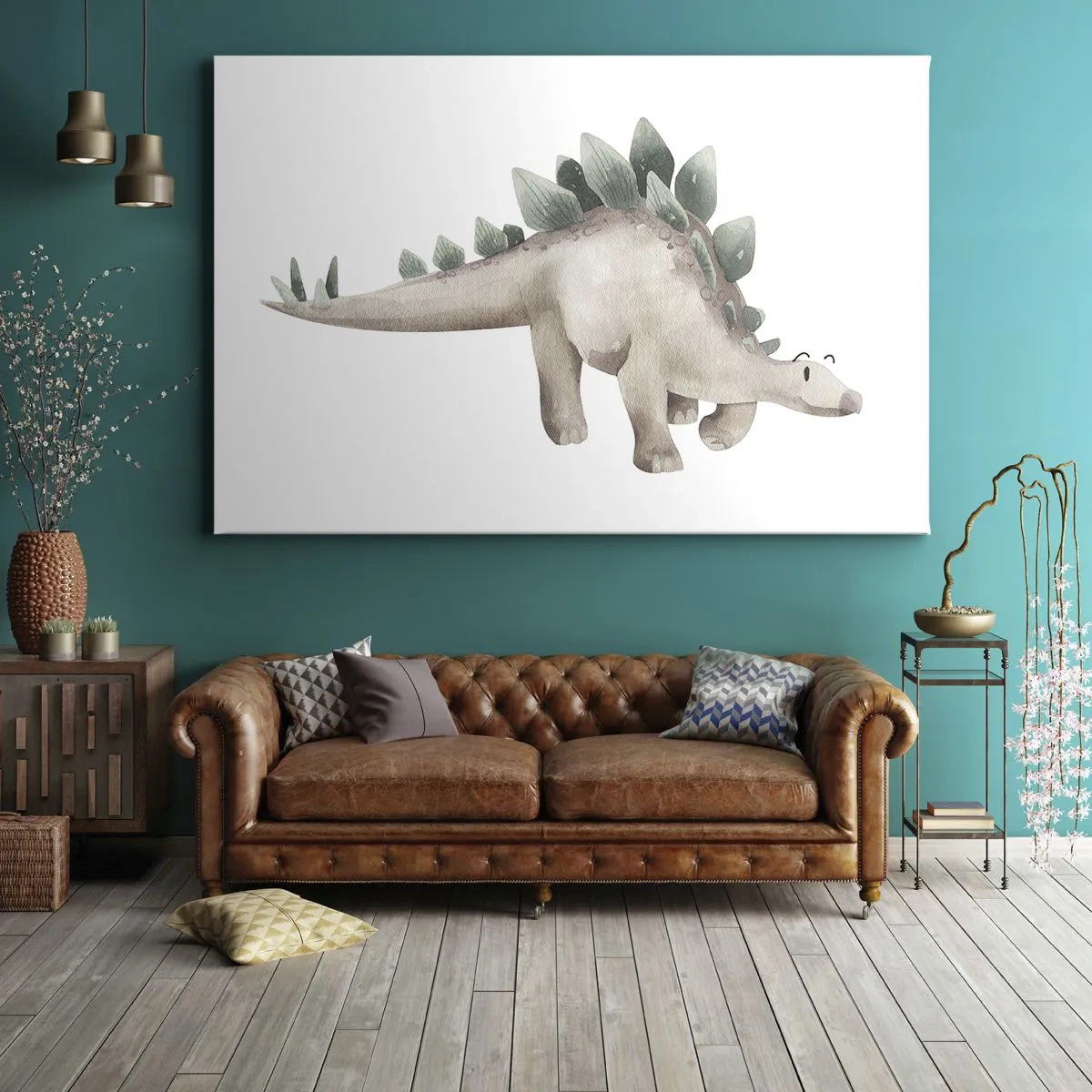 Quadro su tela - Stampe su Tela - Un simpatico dinosauro dai colori pastello - 70x50cm - Sono vostro amico - Decorazione murale moderna per soggiorno e camera da letto ARTTOR
