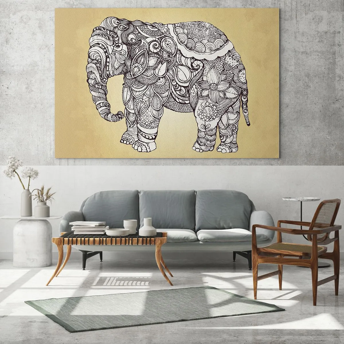 Quadro su vetro - Elefante bianco e nero con motivi orientali su sfondo beige - 70x50cm - L'elefante nascosto - Decorazione murale moderna per soggiorno e camera da letto ARTTOR