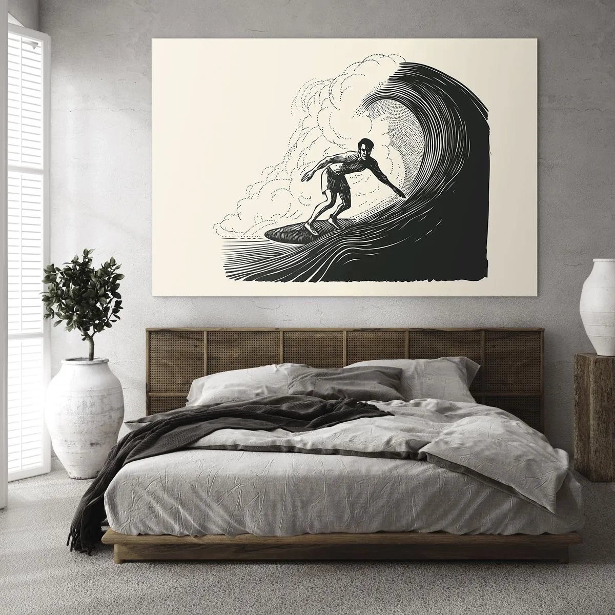 Quadro su vetro - Surfista che cavalca un'onda alta in uno stile di disegno retrò - 70x50cm - Il re delle onde - Decorazione murale moderna per soggiorno e camera da letto ARTTOR