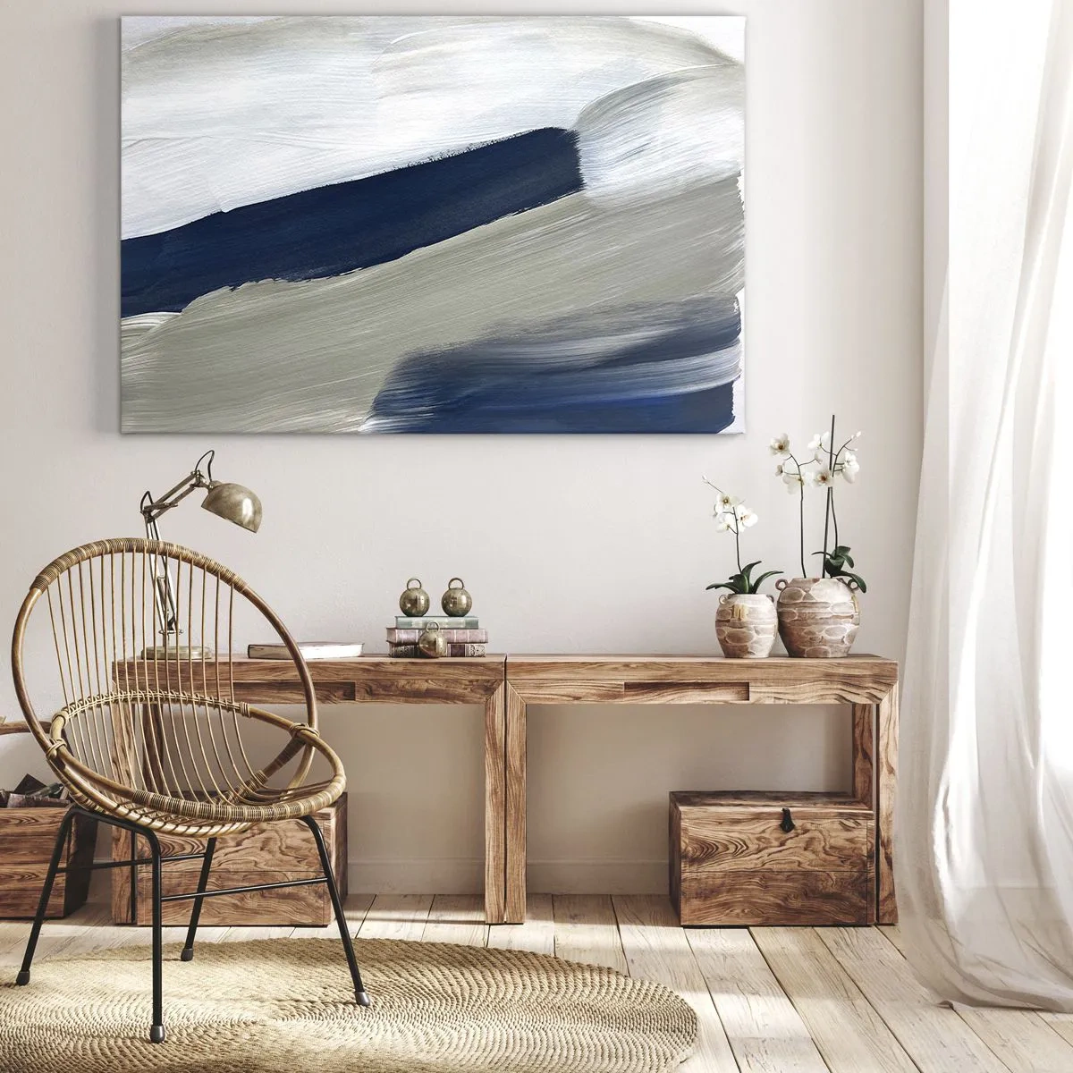 Quadro su tela - Stampe su Tela - Pennellate astratte in tonalità di blu e grigio - 70x50cm - Incontro con il bianco - Decorazione murale moderna per soggiorno e camera da letto ARTTOR