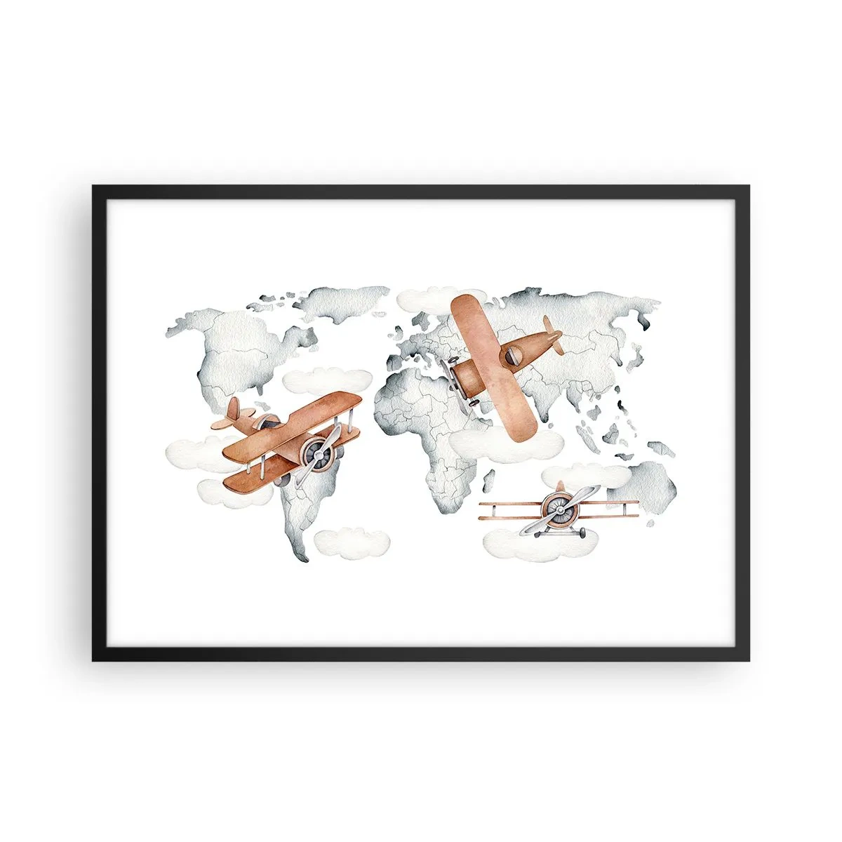 Poster in cornice nera - Illustrazione di una mappa del mondo con aeroplani - 70x50cm - Nello spirito dei pionieri - Decorazione murale moderna per soggiorno e camera da letto ARTTOR