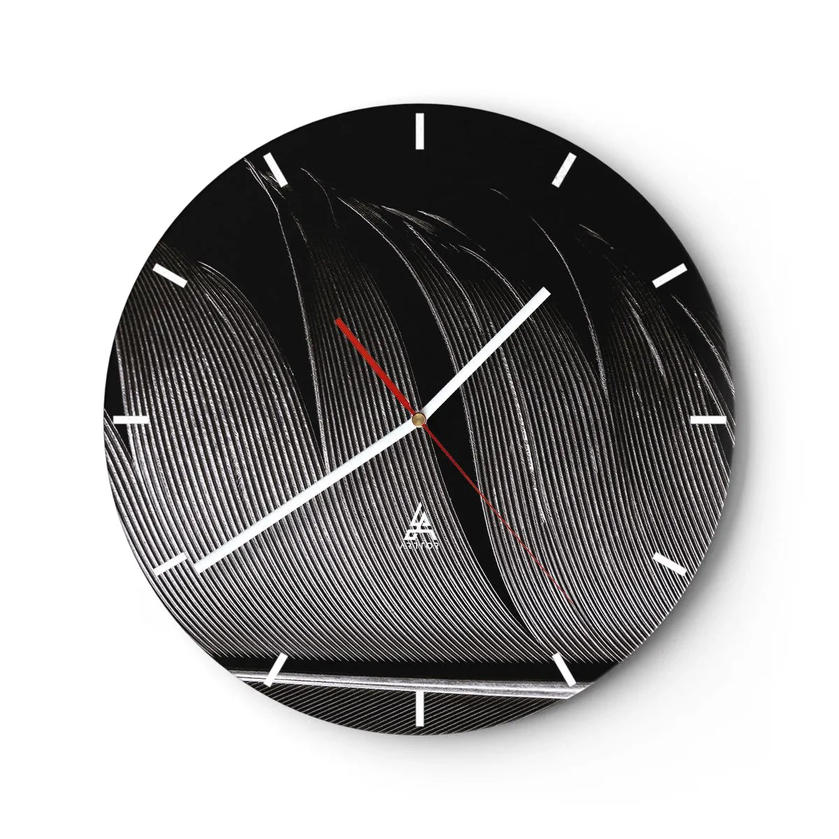Orologio da parete - Orologio in Vetro - Primo piano di una piuma in bianco e nero a contrasto - 30x30cm - Piuma: struttura meravigliosa - Decorazione murale moderna per soggiorno, cucina e camera da letto ARTTOR