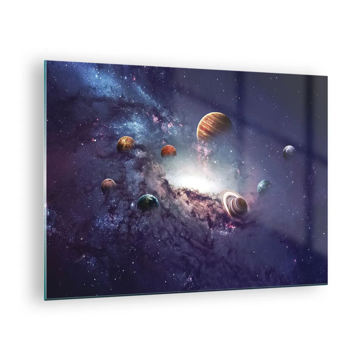 Quadro su vetro - Una visione fantasiosa di pianeti che ruotano nello spazio - 70x50cm - Sistema solare danzante - Decorazione murale moderna per soggiorno e camera da letto ARTTOR