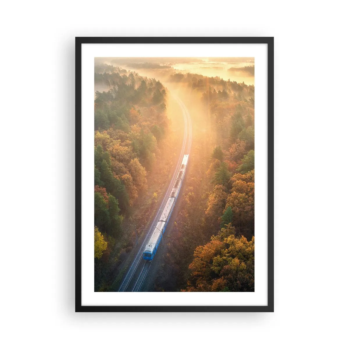 Poster in cornice nera - Un treno che viaggia attraverso una foresta autunnale sotto i raggi del sole nascente - 50x70cm - Viaggio autunnale - Decorazione murale moderna per soggiorno e camera da letto ARTTOR