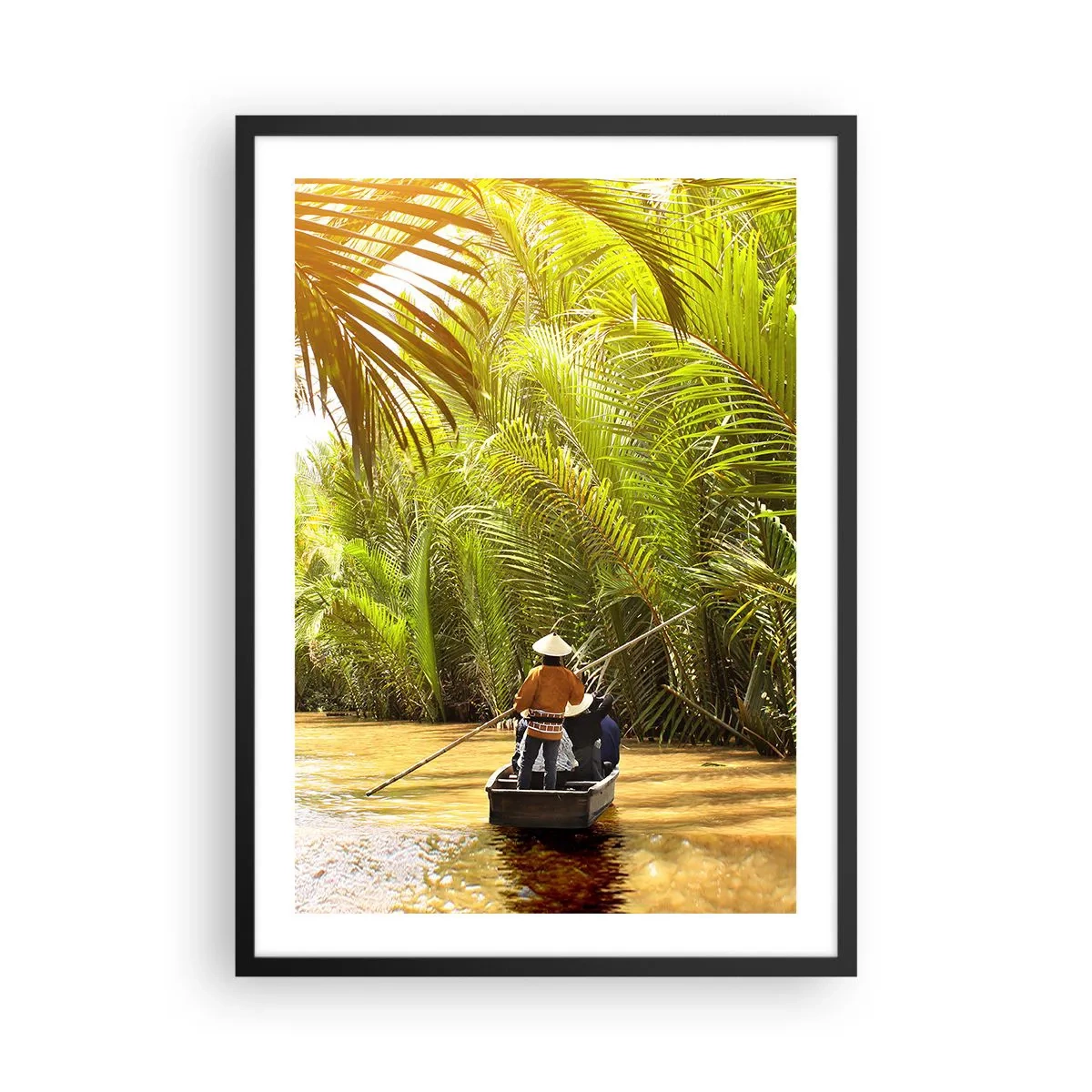 Poster in cornice nera - Una barca tradizionale in una foresta tropicale di palme illuminata dal sole - 50x70cm - Tunnel di palme - Decorazione murale moderna per soggiorno e camera da letto ARTTOR