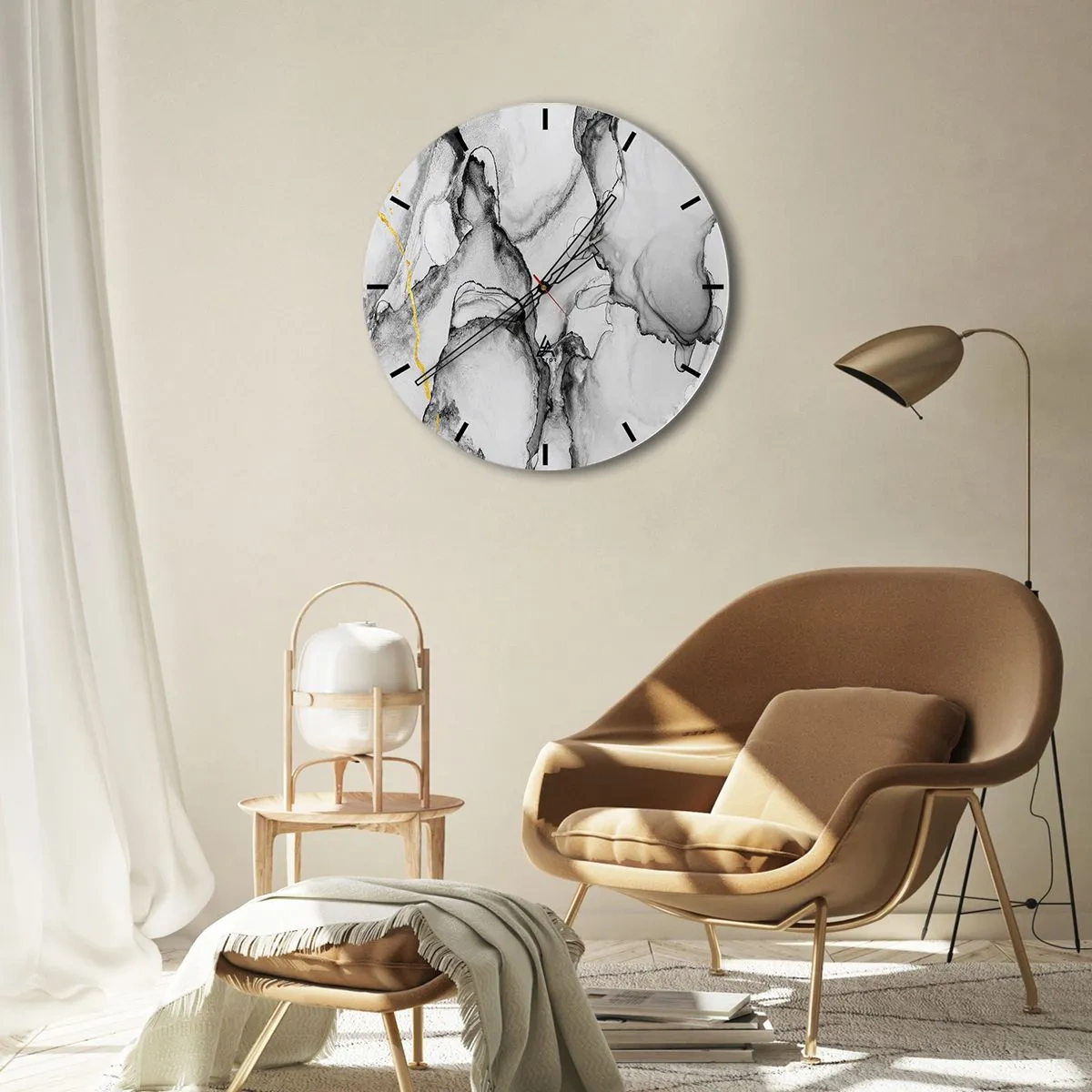 Orologio da parete - Orologio in Vetro - Una composizione astratta nei toni del grigio con un tocco di oro. - 30x30cm - Composizione con motivo d'oro - Decorazione murale moderna per soggiorno, cucina e camera da letto ARTTOR