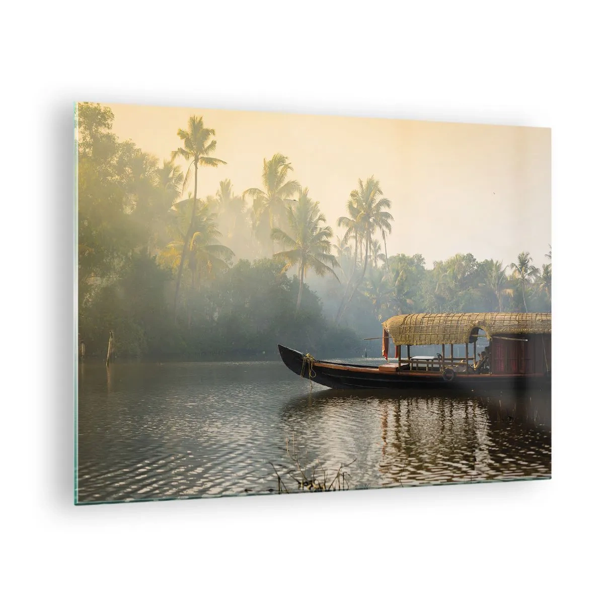 Quadro su vetro - Una barca su un fiume calmo circondata da palme al mattino - 70x50cm - Casa sul fiume - Decorazione murale moderna per soggiorno e camera da letto ARTTOR