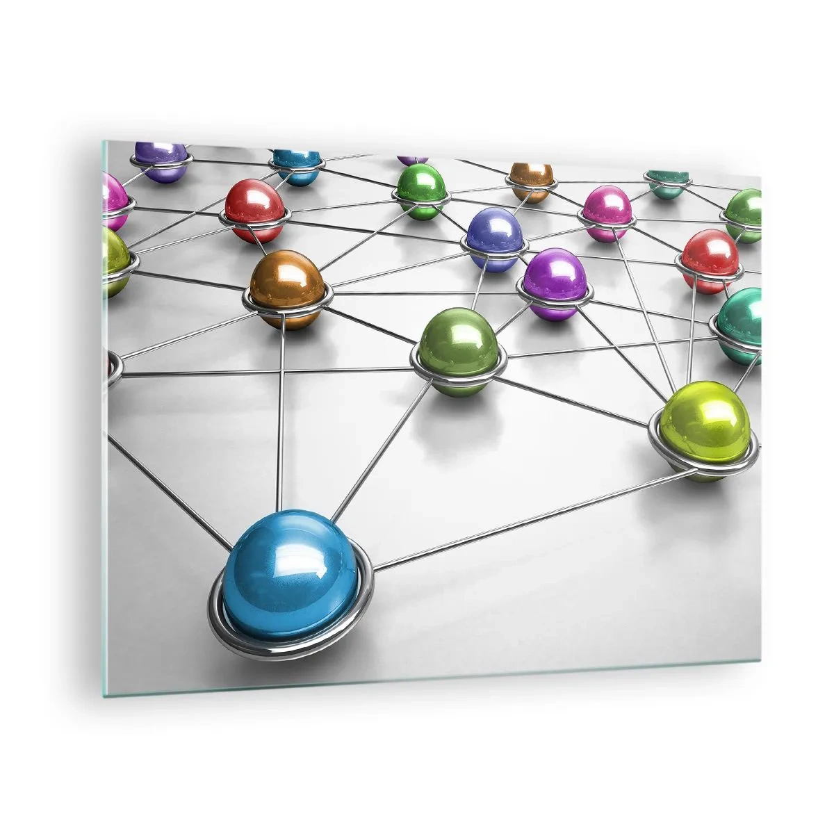 Quadro su vetro - Palline colorate collegate da linee su uno sfondo chiaro - 70x50cm - Ragnatela cosmica - Decorazione murale moderna per soggiorno e camera da letto ARTTOR