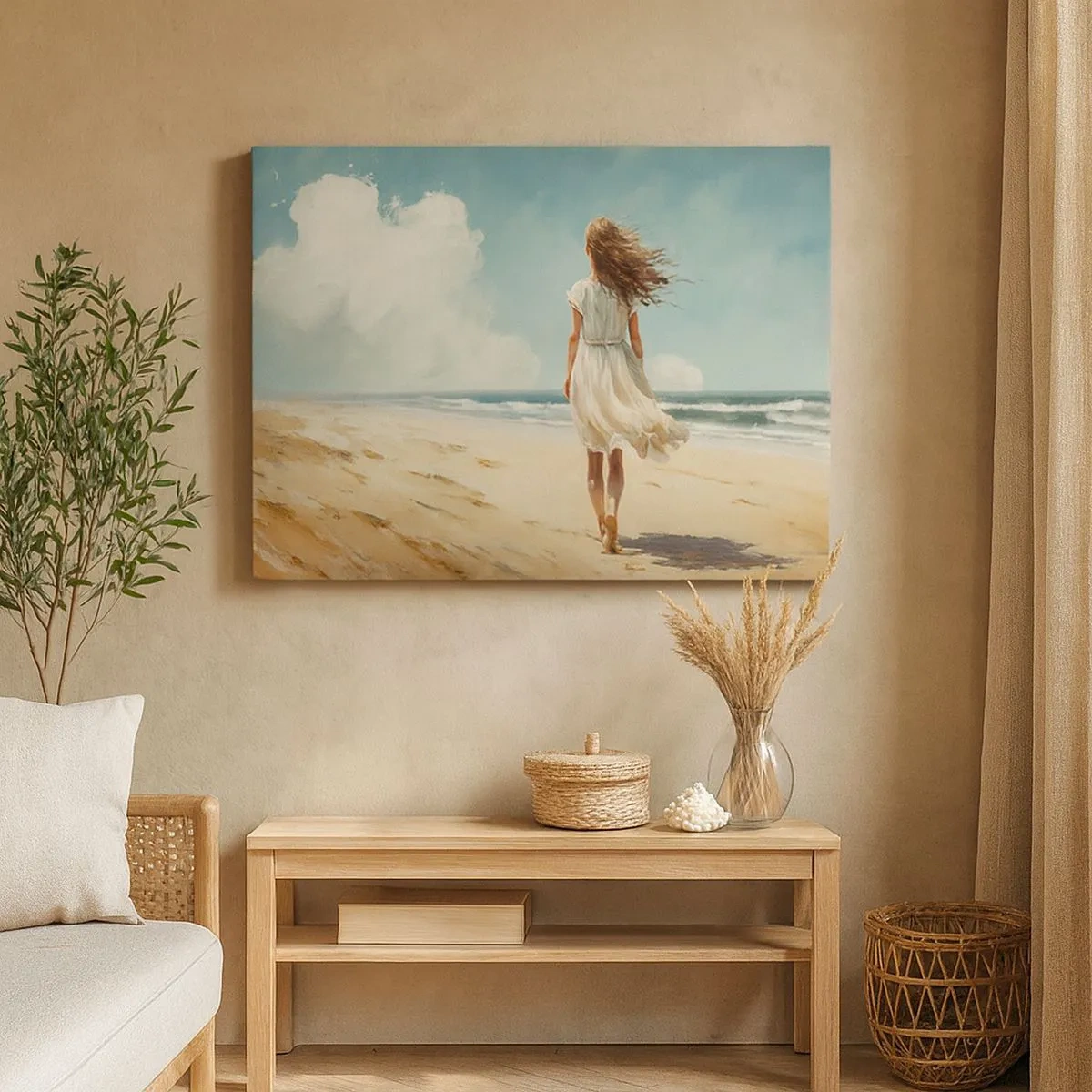 Quadro su tela - Stampe su Tela - Una donna in abito bianco che cammina sulla spiaggia in una giornata di sole - 70x50cm - Dove sole e vento si incontrano - Decorazione murale moderna per soggiorno e camera da letto ARTTOR
